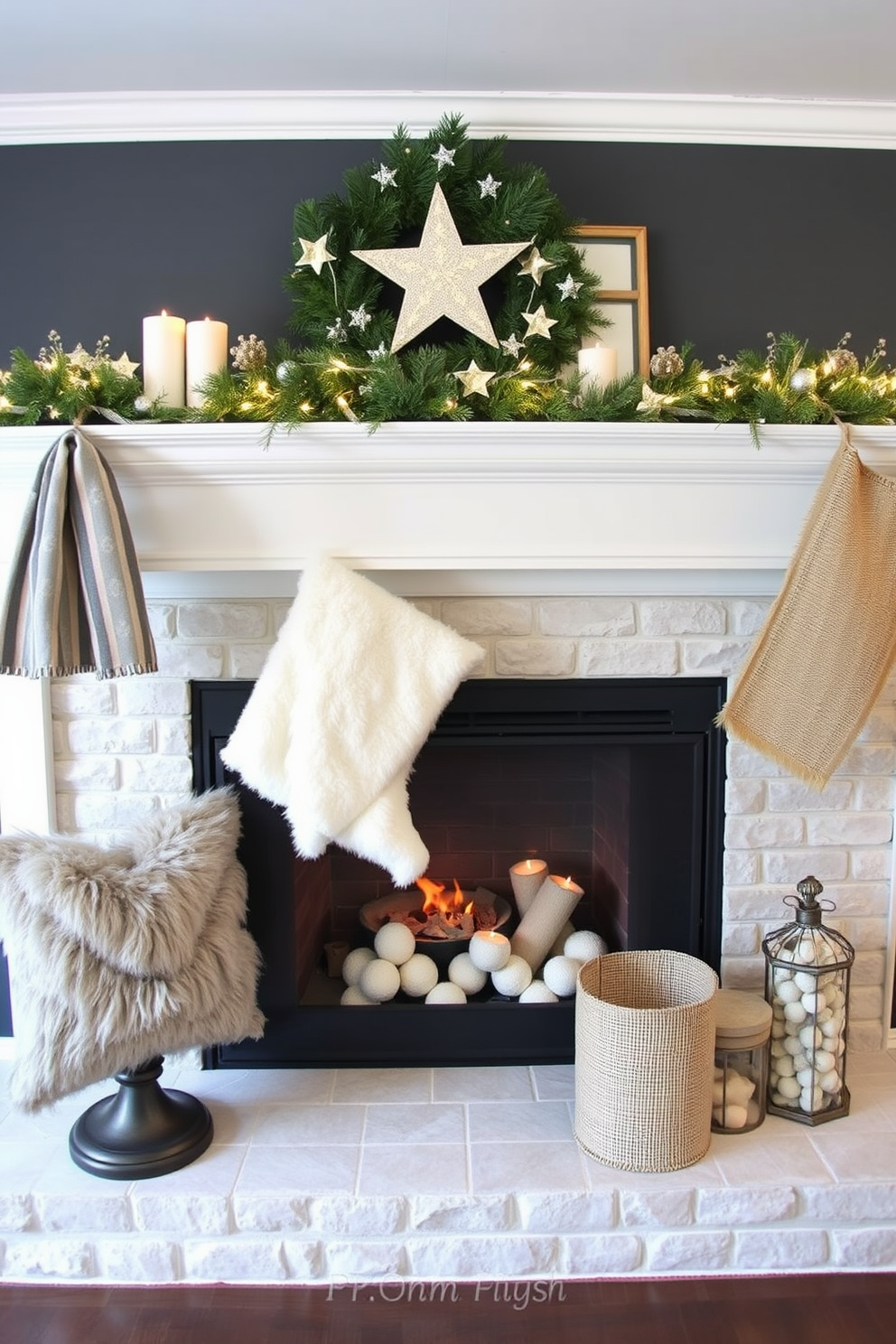 Create a cozy and inviting mantel decorated for Christmas. Use layered textures including soft fur throws and rustic burlap accents to enhance the festive atmosphere.