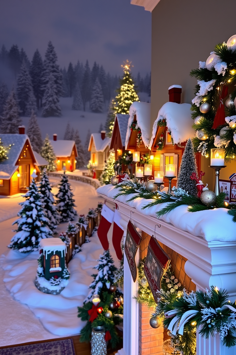 A cozy snowy village scene adorned with twinkling lights that illuminate the charming cottages. The streets are lined with snow-covered trees and festive decorations, creating a warm holiday atmosphere. A beautifully decorated mantel featuring an array of Christmas decorations such as garlands, candles, and stockings. The mantel is accented with a mix of natural elements and sparkling ornaments, adding a touch of elegance to the festive display.