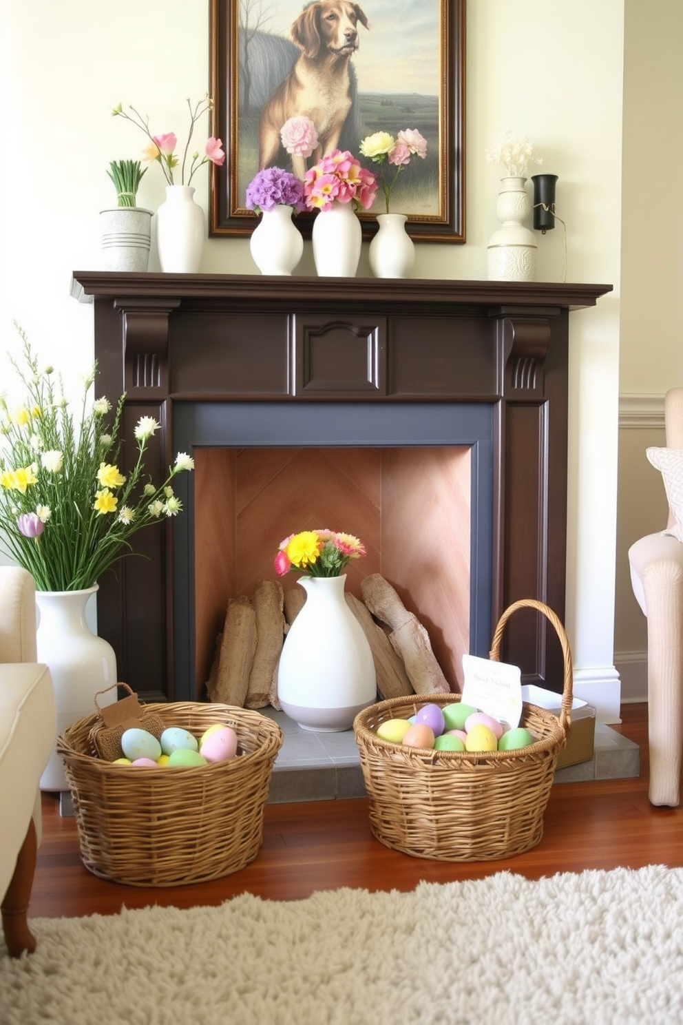 A cozy living room setting featuring a traditional fireplace with a beautifully styled mantel. The mantel is adorned with simple white vases filled with vibrant spring blooms, creating a fresh and inviting atmosphere. Soft pastel accents complement the decor, while a woven basket sits beside the fireplace, filled with colorful Easter eggs. A plush area rug anchors the space, providing warmth and comfort to the overall design.