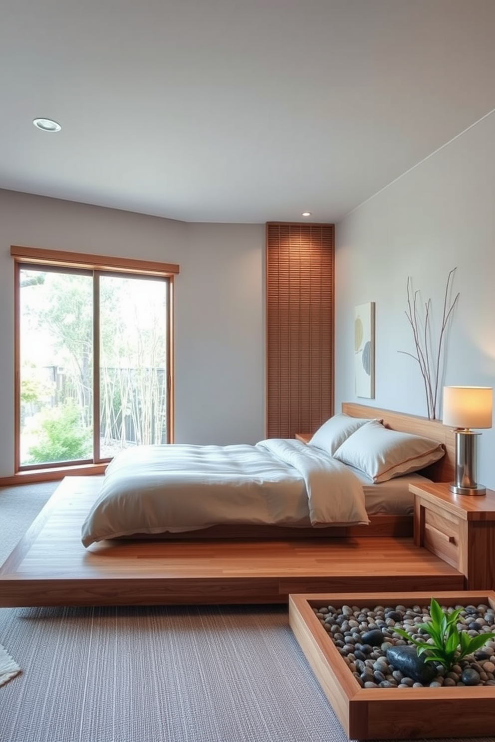 A serene master bedroom inspired by Japanese zen aesthetics. The room features a low platform bed made of natural wood with soft, neutral bedding and a large window that invites natural light. To one side, there is a minimalist wooden nightstand with a simple ceramic lamp. The walls are adorned with bamboo accents, and a small indoor garden with pebbles and greenery adds a calming touch.