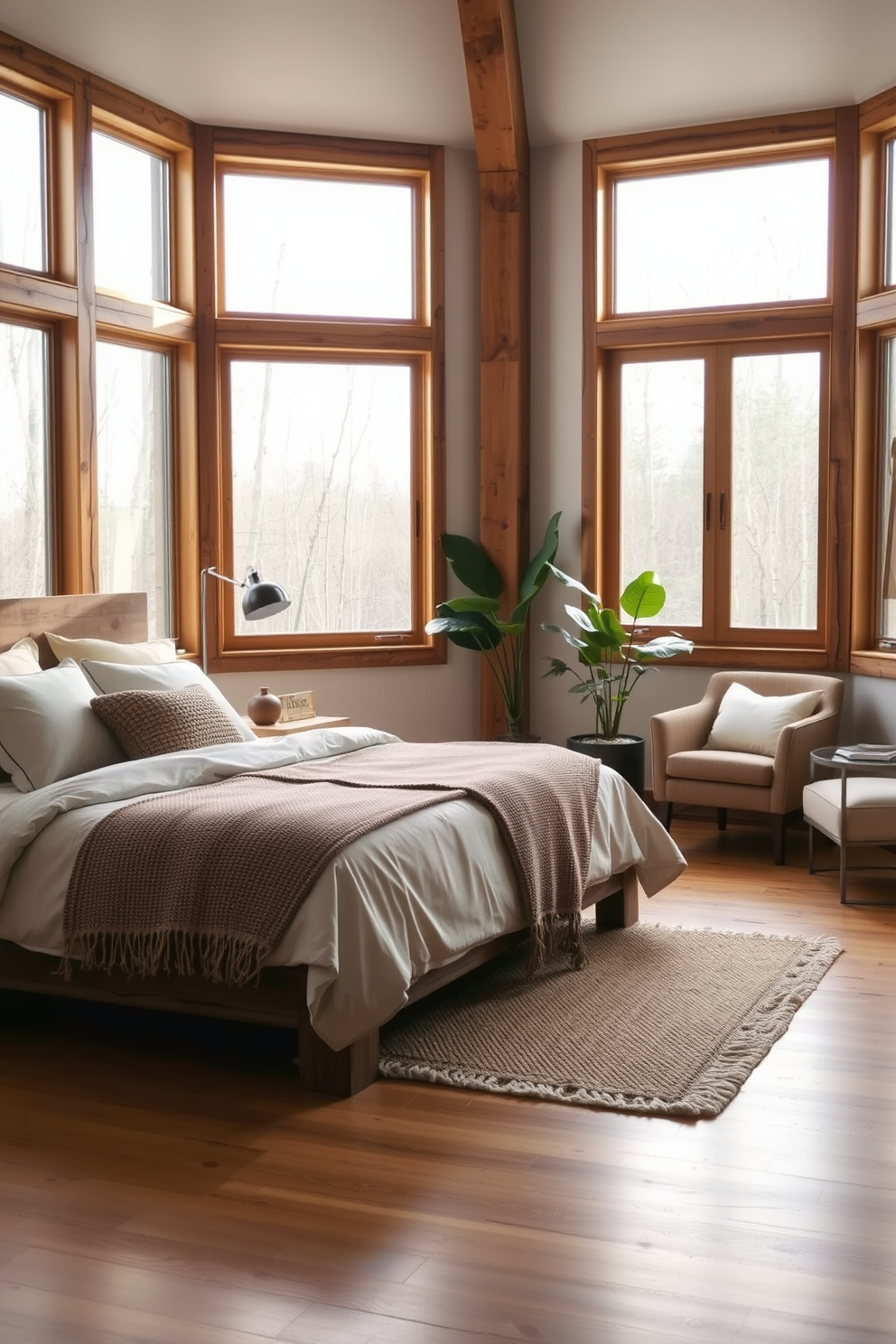 A serene master bedroom featuring earthy organic elements with natural wood tones. The bed is framed in reclaimed wood with soft linen bedding and a large woven throw blanket. Large windows allow natural light to flood the space, illuminating the warm wooden floors. A cozy reading nook with a plush armchair and a small side table sits beside a potted plant, enhancing the organic feel.