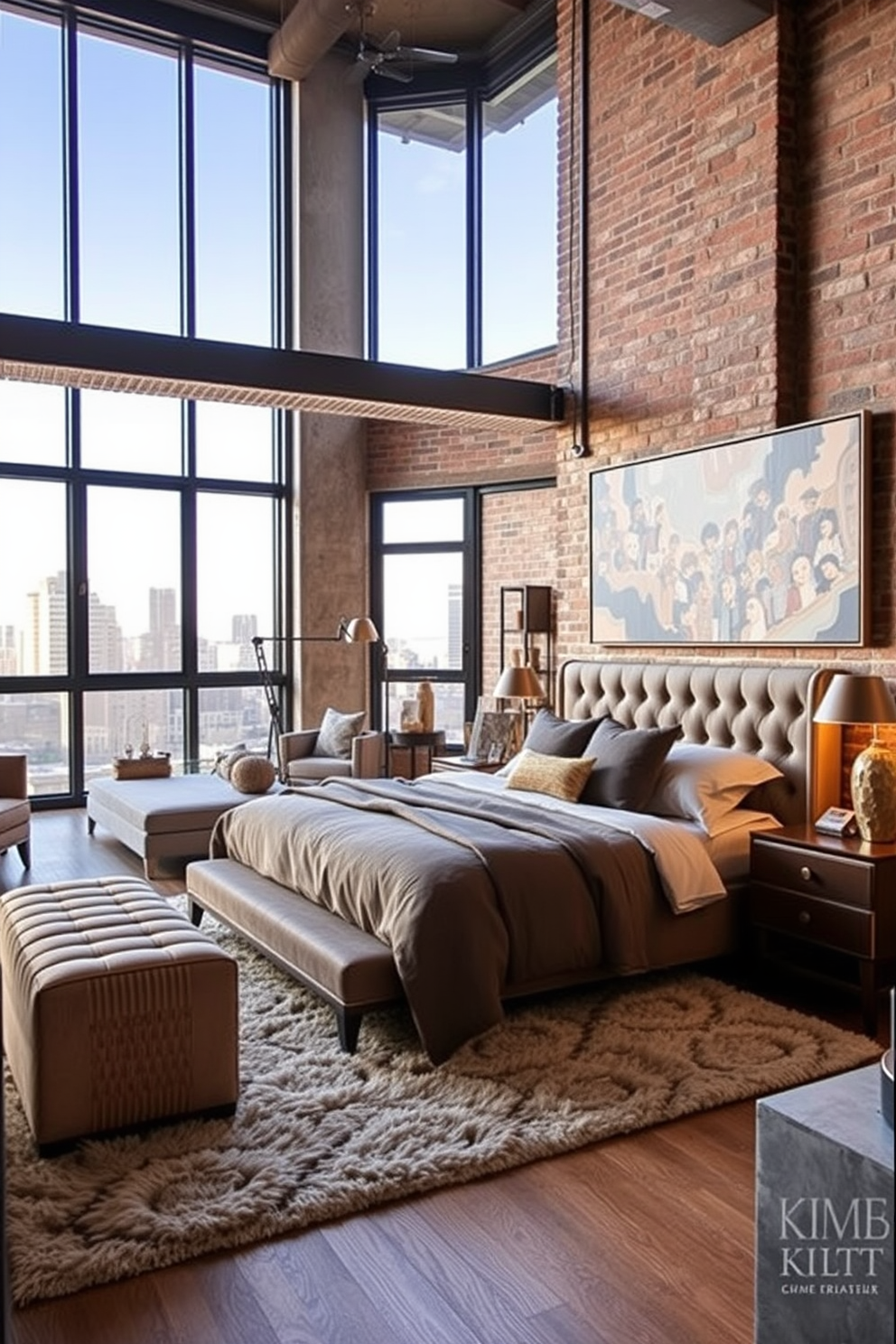 Stylish urban loft with open space featuring large windows that allow natural light to flood the room. The decor includes a mix of modern furnishings and vintage accents, with a plush area rug anchoring the seating area. Master bedroom design ideas showcasing a king-sized bed with a tufted headboard and luxurious bedding. Soft lighting from bedside lamps creates a cozy ambiance, while a statement art piece hangs above the bed, complementing the color palette.