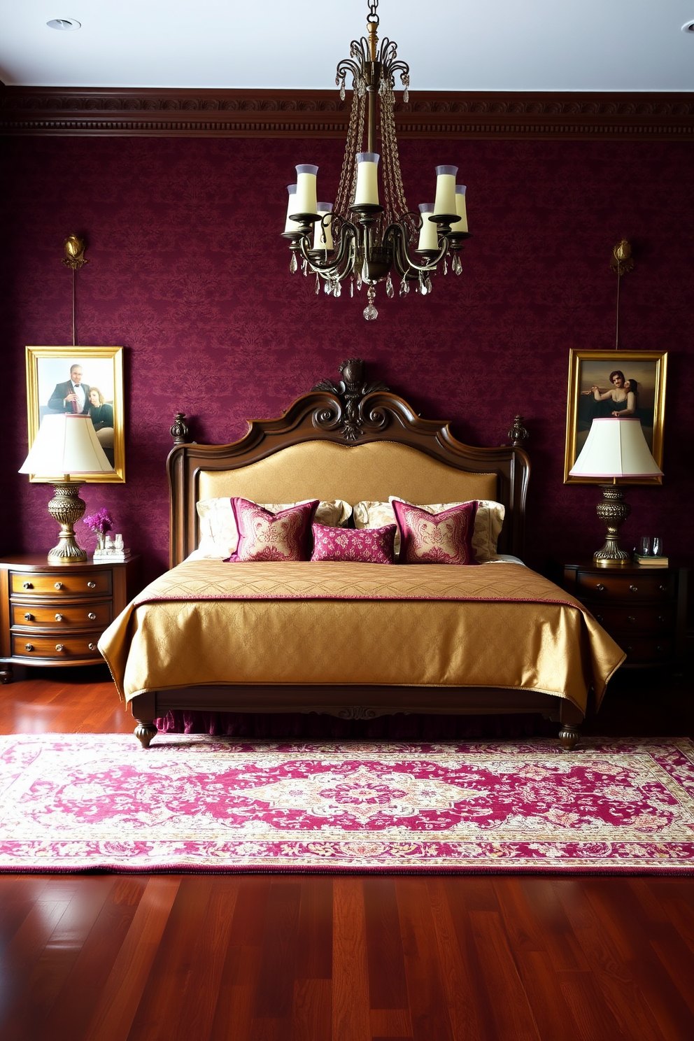 A classic traditional master bedroom featuring rich colors and elegant furnishings. The walls are adorned with deep burgundy wallpaper, complemented by a plush gold damask bedspread on a king-sized bed with an intricately carved wooden headboard. Flanking the bed are two antique nightstands, each topped with ornate lamps that cast a warm glow. A large Persian rug covers the polished hardwood floor, adding warmth and texture to the space while a statement chandelier hangs gracefully from the ceiling.