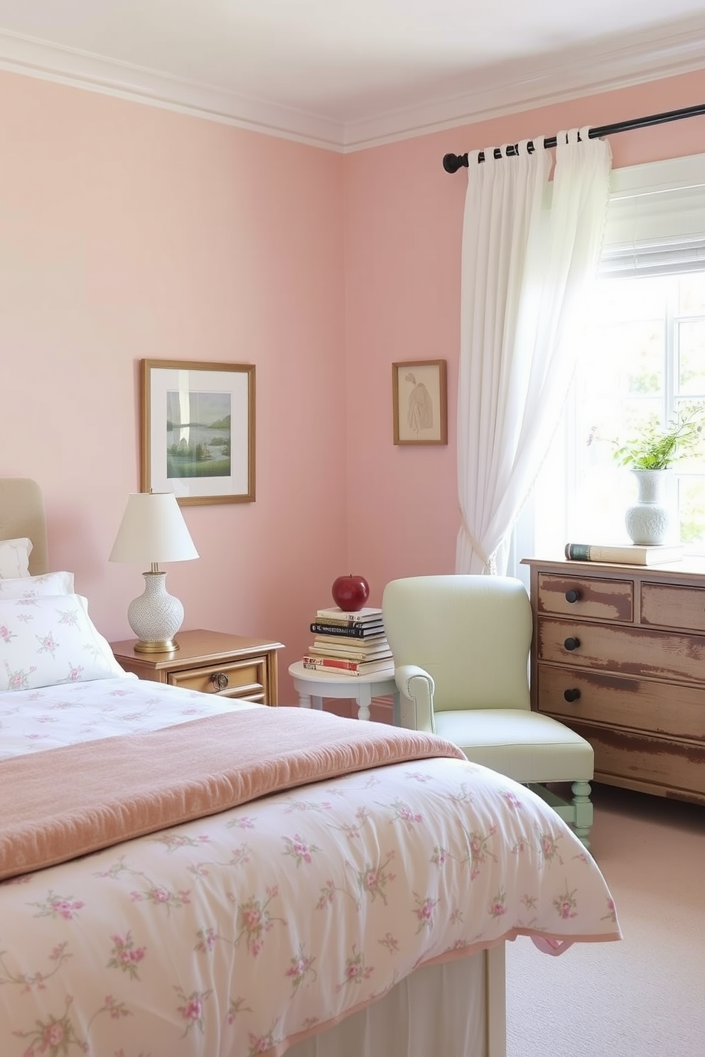 A charming cottage master bedroom adorned in soft pastel hues invites relaxation. The walls are painted a gentle blush, while the bedding features a delicate floral pattern that complements the serene atmosphere. A cozy armchair in a soft mint color sits in the corner, next to a small side table with a stack of books. Natural light streams in through sheer white curtains, illuminating a rustic wooden dresser that adds warmth to the space.