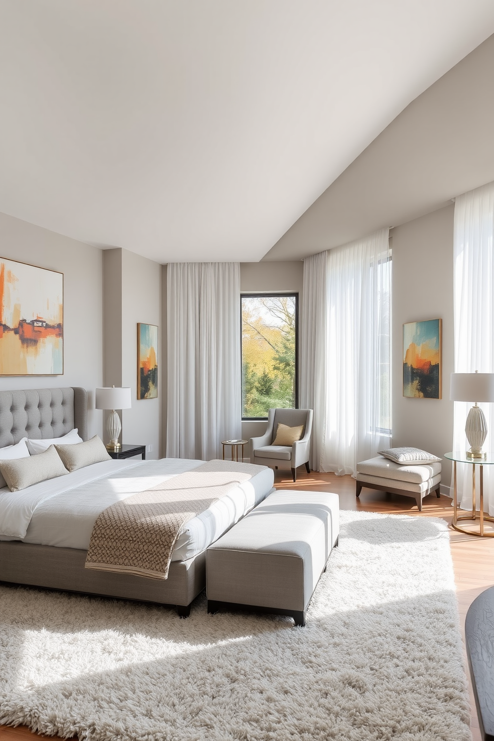 A serene master bedroom featuring a large plush bed with a tufted headboard in soft gray fabric. The walls are adorned with artistic abstract paintings that add a pop of color, while a cozy sitting area with a stylish armchair and a small side table creates an inviting nook. Natural light floods the space through oversized windows dressed in sheer white curtains. A plush area rug anchors the room, and elegant bedside tables hold modern lamps that enhance the sophisticated ambiance.