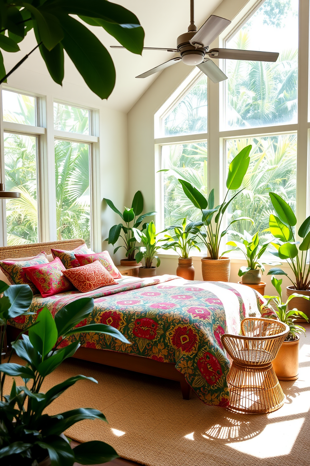 Bright tropical master bedroom with large windows allowing natural light to flood the space. The room features a king-sized bed adorned with vibrant patterned linens and an array of colorful throw pillows. Lush greenery surrounds the room, with potted plants placed strategically in each corner. A rattan chair sits beside a small side table, creating a cozy reading nook bathed in sunlight.