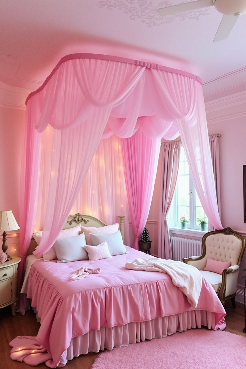 A whimsical fairy tale master bedroom filled with soft drapes cascading from the ceiling. The bed is adorned with plush pillows and a delicate canopy that creates an enchanting atmosphere. The walls are painted in pastel shades, while fairy lights twinkle softly around the room. A cozy reading nook with a vintage armchair sits by the window, inviting relaxation and daydreaming.