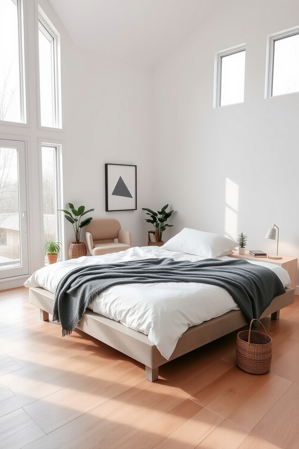 A serene minimalist Scandinavian master bedroom featuring a low-profile platform bed with crisp white linens and a soft gray throw blanket. Large windows allow natural light to fill the space, highlighting the light wood flooring and simple geometric artwork on the walls. A pair of sleek nightstands flank the bed, each topped with a modern lamp that emits a warm glow. A cozy reading nook is created in one corner with a comfortable chair and a small bookshelf, surrounded by potted plants for a touch of greenery.