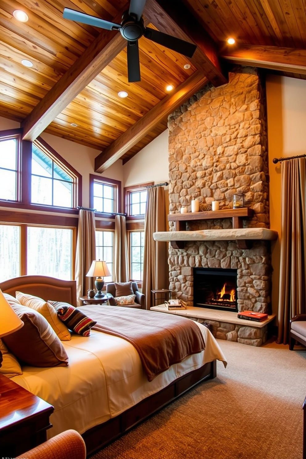 A cozy master bedroom in a rustic lodge featuring a large stone fireplace as the focal point. The room is adorned with wooden beams on the ceiling and warm-toned furniture, creating an inviting atmosphere. A plush king-sized bed is dressed in layered blankets and decorative pillows, positioned opposite the fireplace. Natural light filters through large windows framed with heavy drapes, enhancing the warmth of the space.