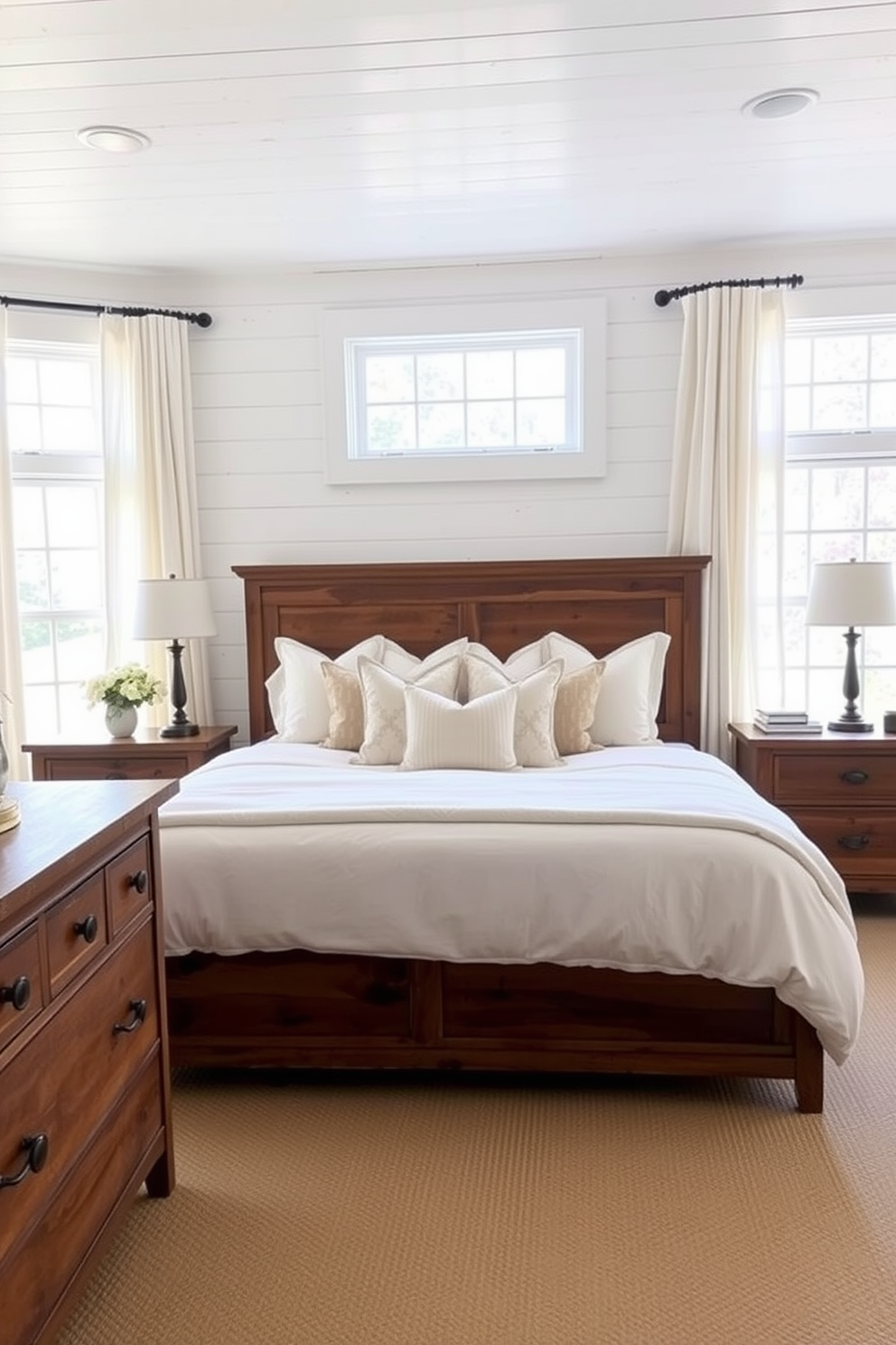 A fresh farmhouse master bedroom with shiplap walls creates a cozy and inviting atmosphere. The room features a large wooden bed with a plush white comforter and an assortment of decorative pillows. Natural light floods the space through oversized windows adorned with sheer linen curtains. A rustic wooden dresser and a pair of matching nightstands flank the bed, adding to the farmhouse charm.