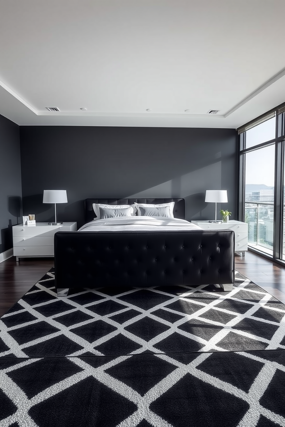 A bold monochrome master bedroom featuring a statement black upholstered bed with crisp white bedding. The walls are painted in a deep charcoal shade, complemented by sleek white nightstands on either side of the bed. Large floor-to-ceiling windows allow natural light to flood the space, showcasing a stunning view. A geometric black and white area rug anchors the room, adding texture and visual interest beneath the bed.
