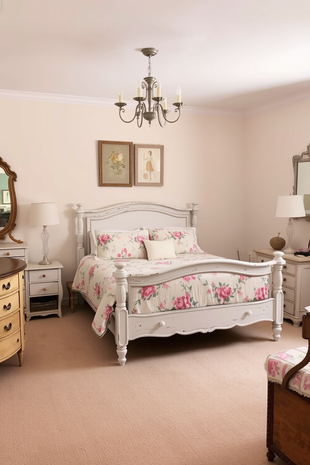 A charming shabby chic master bedroom filled with vintage finds. The room features a distressed white wooden bed frame adorned with a floral quilt, complemented by mismatched nightstands on either side. Soft pastel colors dominate the walls, creating a warm and inviting atmosphere. Antique accessories, such as a vintage dresser and an ornate mirror, add character and charm to the space.
