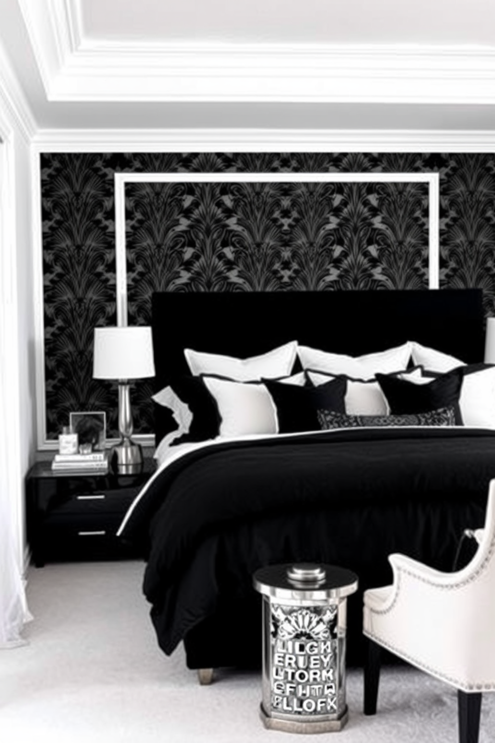 A sophisticated master bedroom featuring a black and white palette. The walls are painted in a crisp white, while the accent wall behind the bed is adorned with a bold black wallpaper. The bed is dressed in luxurious black and white bedding with plush pillows and a stylish throw blanket. A sleek black nightstand on one side of the bed holds a modern lamp, while a white armchair in the corner adds a touch of elegance.