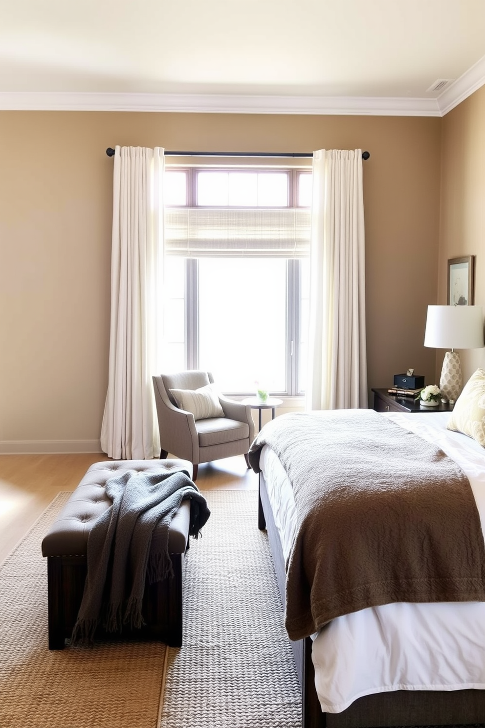 A comfortable transitional master bedroom featuring layered textures. The bed is dressed in a mix of soft linens and plush pillows, while a cozy throw is draped over the foot of the bed. Natural light filters in through sheer curtains, illuminating a seating area with a stylish armchair and a small side table. The walls are painted in a warm neutral tone, complemented by a textured area rug that adds depth to the space.