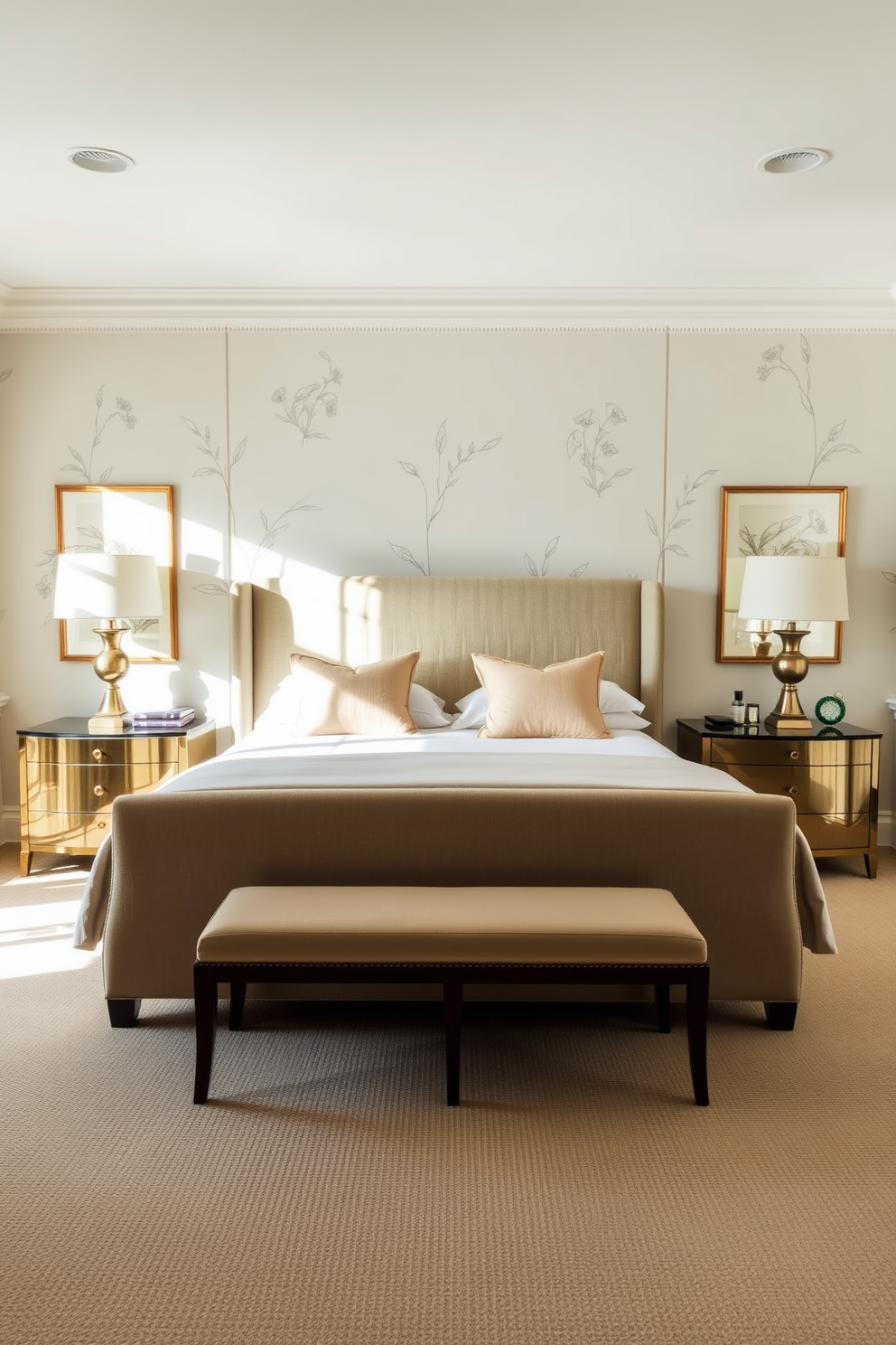 A serene master bedroom filled with natural light. The walls are adorned with soft botanical prints, creating a calming atmosphere. A large upholstered bed with a plush headboard takes center stage. Flanking the bed are elegant nightstands with stylish lamps that complement the room's earthy tones.