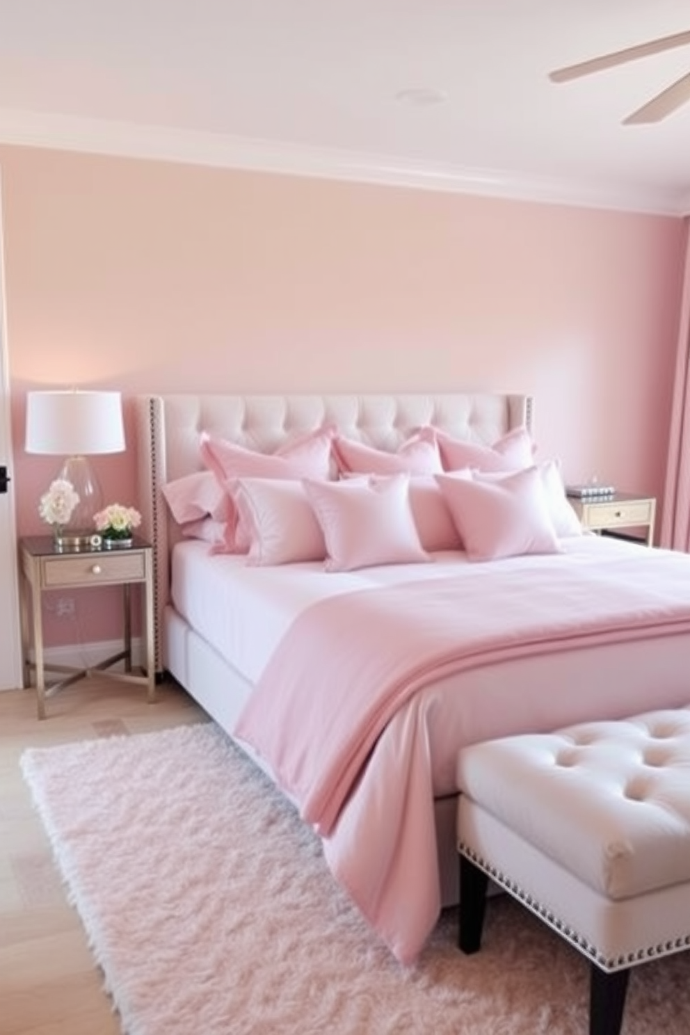 A feminine chic master bedroom adorned with soft pink hues. The bed features a plush upholstered headboard and is dressed in luxurious pink bedding complemented by delicate throw pillows. A stylish bedside table holds a sleek lamp with a floral design. The walls are painted a soft blush, and a cozy area rug adds warmth to the light hardwood floor.