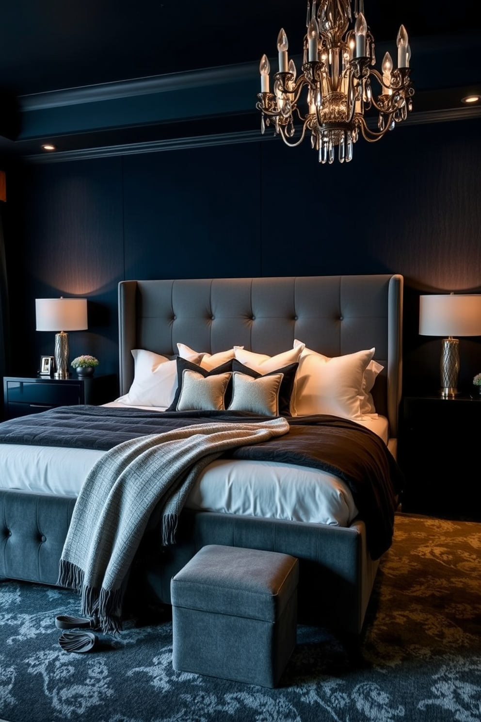 A dramatic master bedroom featuring deep navy walls that create an intimate atmosphere. The bed is a grand upholstered piece with plush pillows and a luxurious throw blanket, flanked by sleek black nightstands. Soft ambient lighting casts a warm glow, highlighting the textured wallpaper and rich fabrics throughout the room. A statement chandelier hangs from the ceiling, adding elegance to the moody color palette.