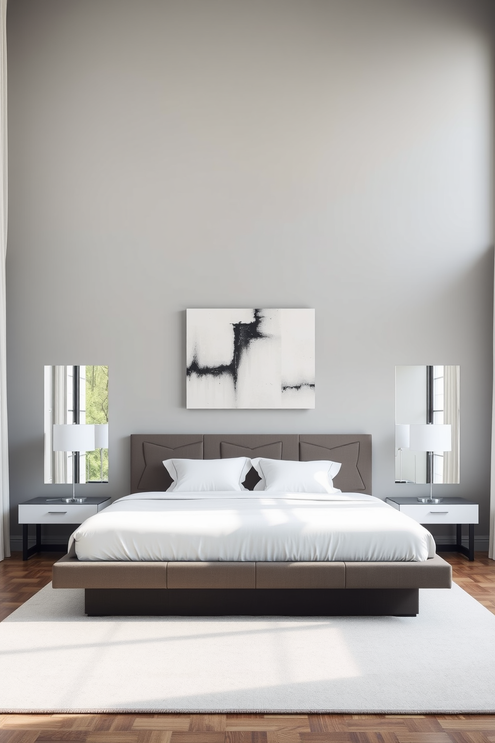 A sleek modern master bedroom featuring a low-profile platform bed with crisp white bedding and a simple geometric headboard. The walls are painted in a soft gray, and large windows allow natural light to flood the space, complemented by sheer curtains. A minimalist nightstand on each side of the bed holds sleek lamps with clean lines. The floor is adorned with a soft area rug in a neutral tone, and a statement piece of abstract art hangs above the bed, adding a touch of elegance.