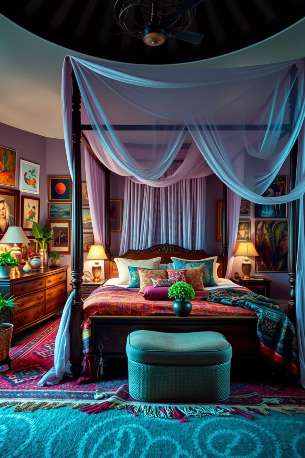 A luxurious bohemian master bedroom features a large canopy bed draped with flowing sheer curtains in rich jewel tones. The walls are adorned with an eclectic mix of artwork, and vibrant textiles are layered across the bed and floor, creating a cozy and inviting atmosphere. A vintage wooden dresser sits against one wall, topped with an array of plants and decorative objects. Soft ambient lighting from unique lamps enhances the warm, relaxed vibe of the space, making it a perfect retreat.