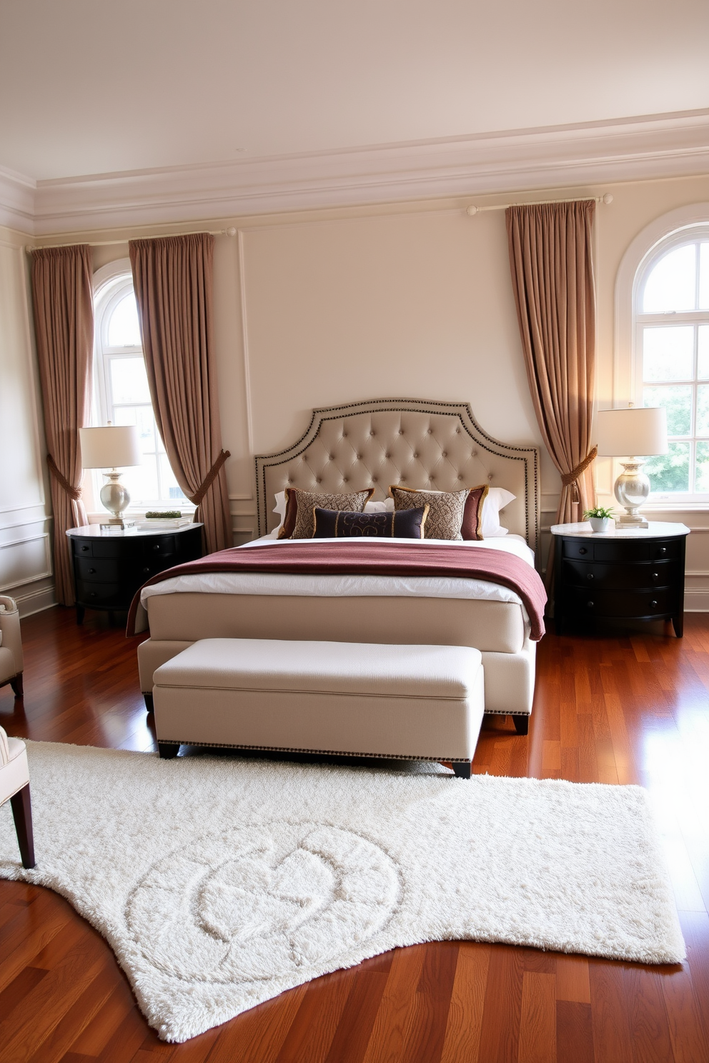 A timeless classic master bedroom featuring a king-sized upholstered bed with a tufted headboard. The room is adorned with elegant furnishings including a pair of matching nightstands with marble tops and stylish table lamps. Rich hardwood floors are complemented by a plush area rug in soft neutral tones. The walls are painted in a warm cream color, and large windows draped with luxurious curtains allow natural light to fill the space.