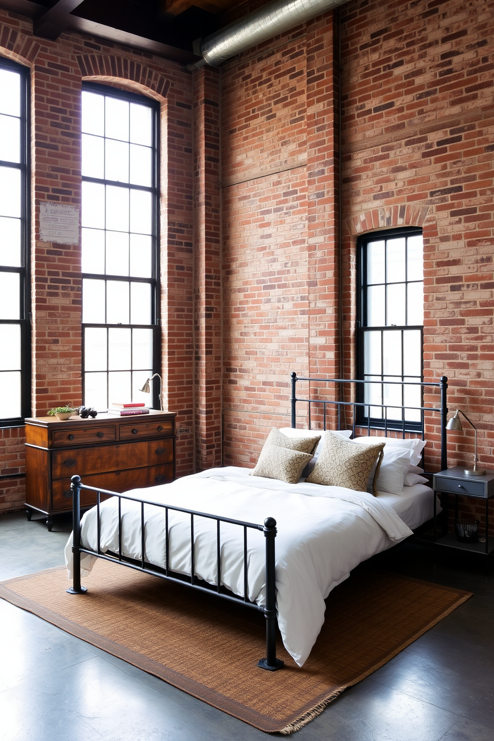 A modern industrial master bedroom with exposed brick walls that create a raw and edgy atmosphere. The room features a large metal bed frame with crisp white bedding and a mix of textured throw pillows for added comfort. A vintage wooden dresser stands against one wall, complemented by a sleek metal nightstand on either side of the bed. Large windows with black metal frames allow natural light to flood the space, enhancing the urban feel of the room.