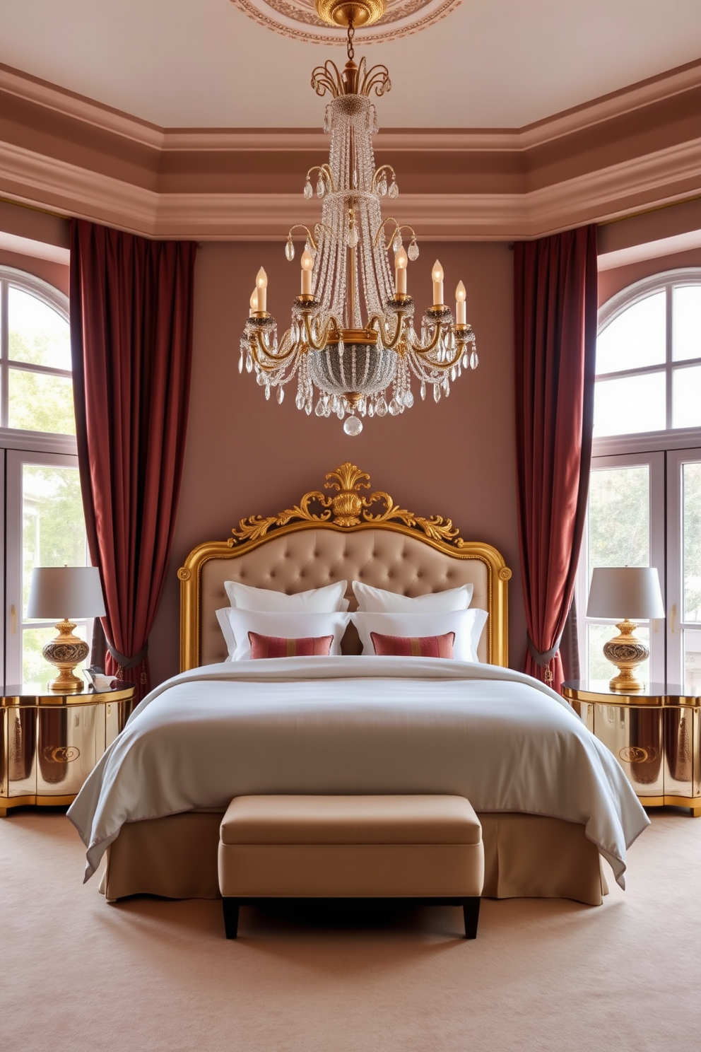 An elegant Hollywood regency master bedroom features a plush king-size bed dressed in luxurious white linens and adorned with an ornate gold headboard. The room is illuminated by a stunning chandelier that hangs gracefully from the ceiling, casting a warm glow over the space. The walls are painted in a soft blush hue, complemented by rich velvet drapes that frame the large windows. A pair of stylish nightstands with gold hardware flank the bed, each topped with decorative lamps that add a touch of sophistication.