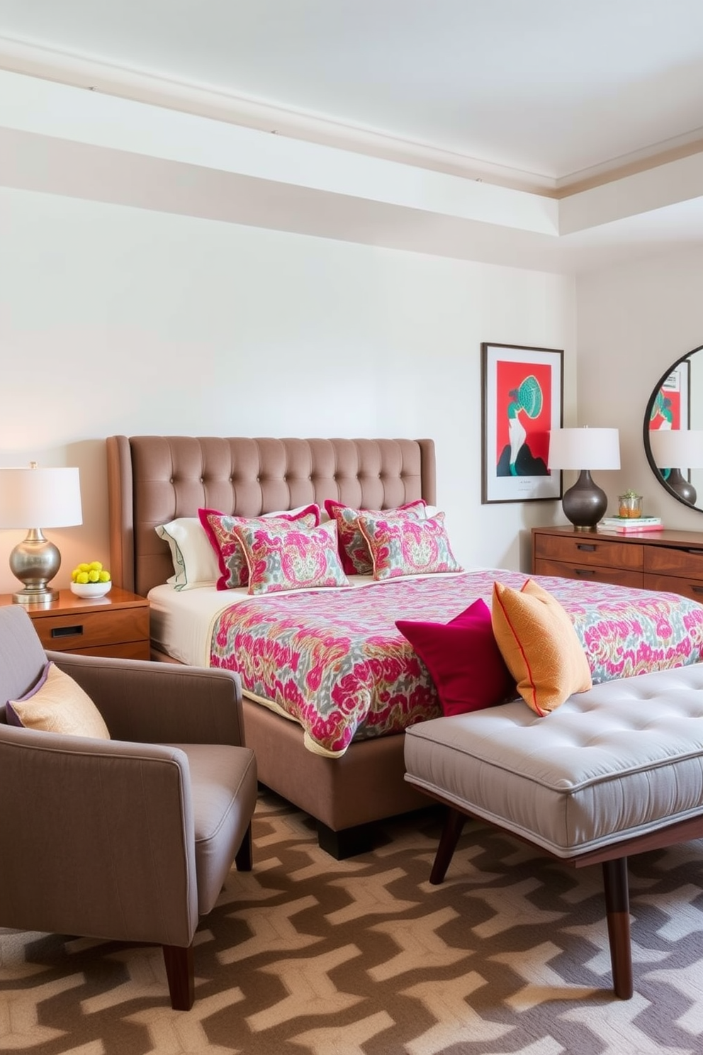 Chic mid-century modern master bedroom featuring a plush king-sized bed with a tufted headboard and vibrant patterned bedding. A pair of sleek nightstands with vintage lamps flank the bed, while a stylish armchair sits in the corner next to a geometric rug. The walls are painted in a soft pastel hue, complemented by bold artwork that adds a pop of color. A wooden dresser with clean lines and a large round mirror completes the space, creating a harmonious blend of comfort and style.