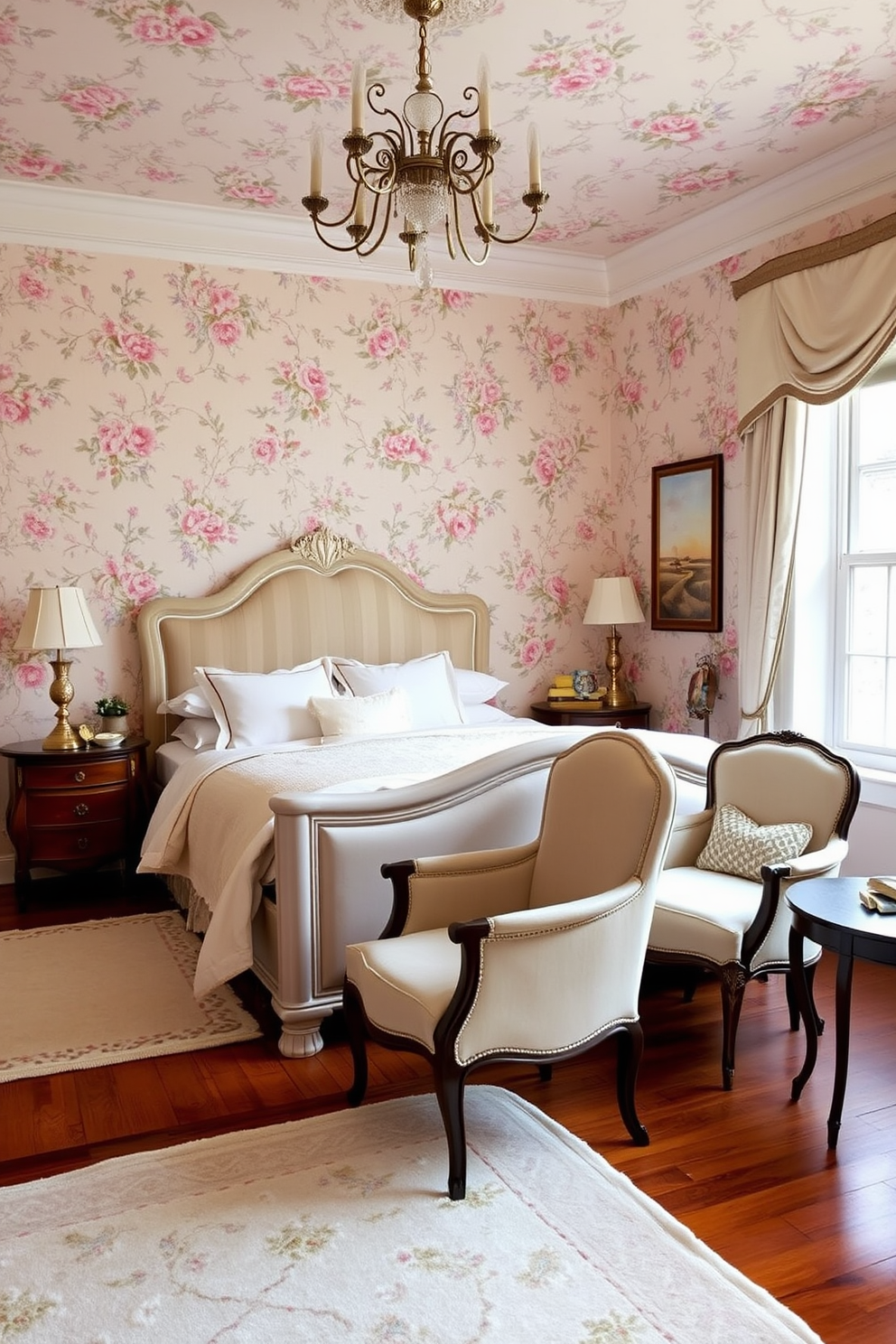 A romantic vintage master bedroom features soft floral wallpaper adorned with pastel hues. The room is complemented by a plush upholstered bed with an ornate headboard, flanked by delicate nightstands holding vintage lamps. A cozy reading nook is situated near a window, furnished with a vintage armchair and a small side table. The hardwood floor is covered with a soft area rug, adding warmth to the space and inviting relaxation.