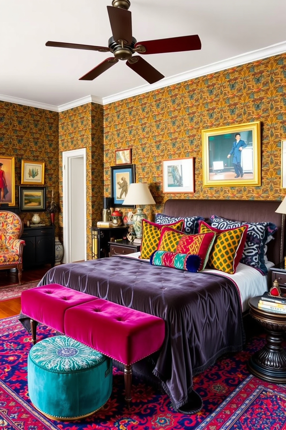 A bold eclectic master bedroom featuring a vibrant mix of patterns and textures. The walls are adorned with a striking wallpaper in a geometric design, contrasting with a richly patterned area rug on the hardwood floor. A luxurious velvet bedspread in deep jewel tones complements an array of colorful throw pillows. Unique artwork and decorative items from various cultures are displayed throughout the room, adding character and warmth.