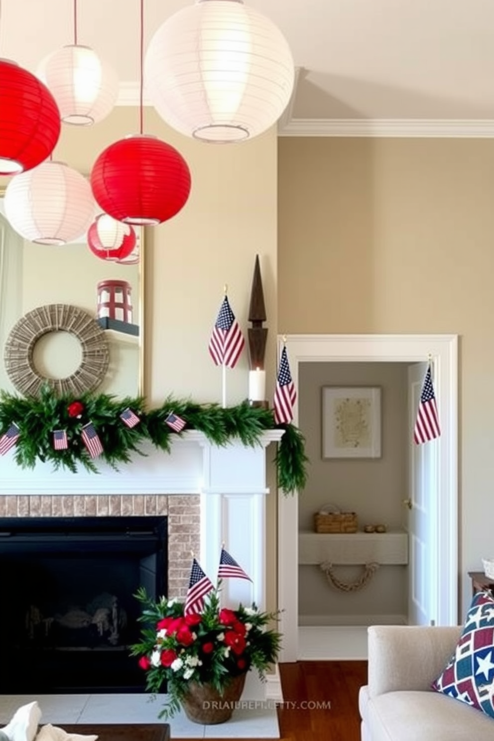 A cozy living room setting featuring a plush sofa adorned with colorful quilts in vibrant patterns. The fireplace is elegantly decorated with red white and blue accents to celebrate Memorial Day creating a warm and inviting atmosphere.