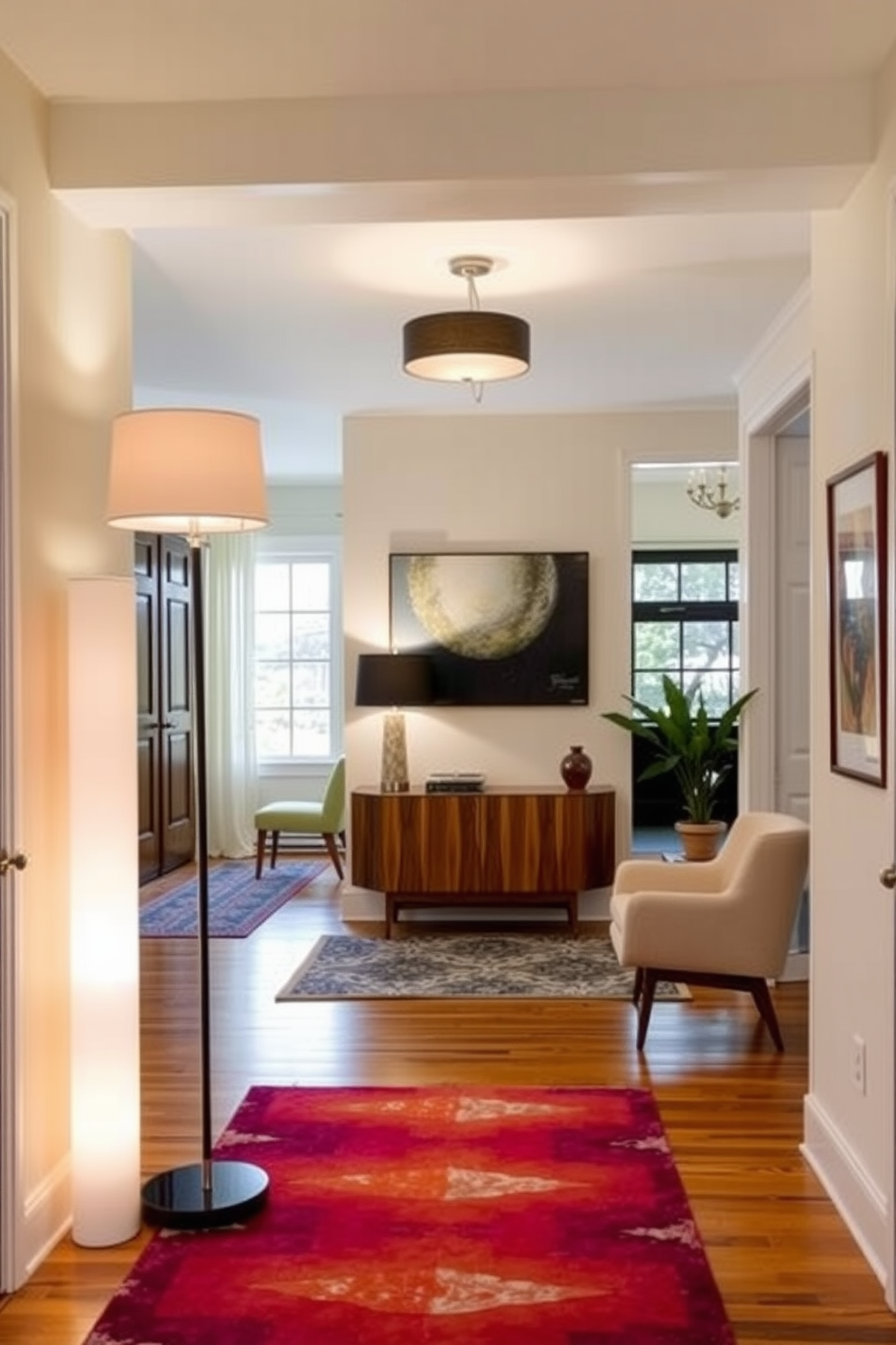 A stylish foyer featuring layered lighting with a combination of floor and table lamps that create a warm and inviting atmosphere. The space is adorned with Mid Century Modern furniture, including a sleek console table and a vibrant area rug that adds a pop of color to the wooden floor.