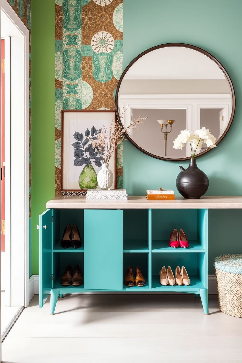 A retro-inspired shoe storage solution features a vibrant color palette with bold patterns and textures. The design includes a sleek, low-profile cabinet with open shelving to display stylish footwear and decorative elements. Mid Century Modern foyer design ideas emphasize clean lines and organic shapes. Incorporating a statement console table with tapered legs and a large round mirror creates a welcoming and functional entryway.