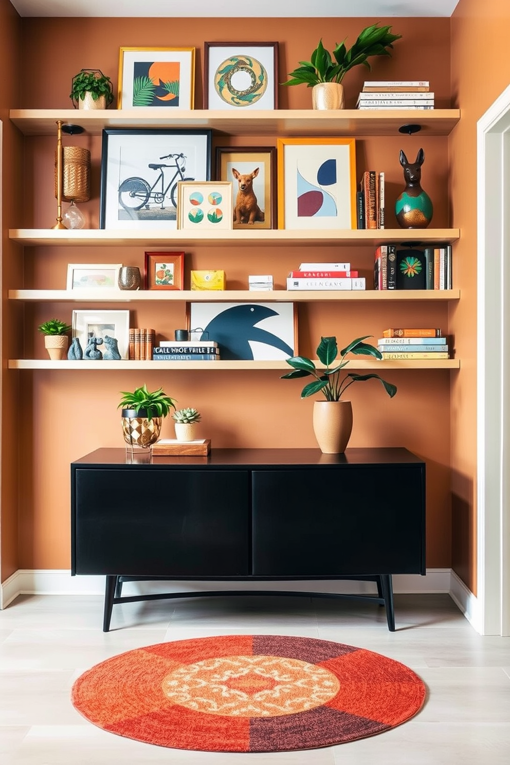 A stylish foyer featuring open shelving for decorative displays. The shelves are filled with a curated collection of art pieces, books, and plants, enhancing the Mid Century Modern aesthetic. The walls are painted in a warm neutral tone, providing a perfect backdrop for the vibrant decor. A sleek console table sits beneath the shelves, complemented by a bold geometric rug on the floor.