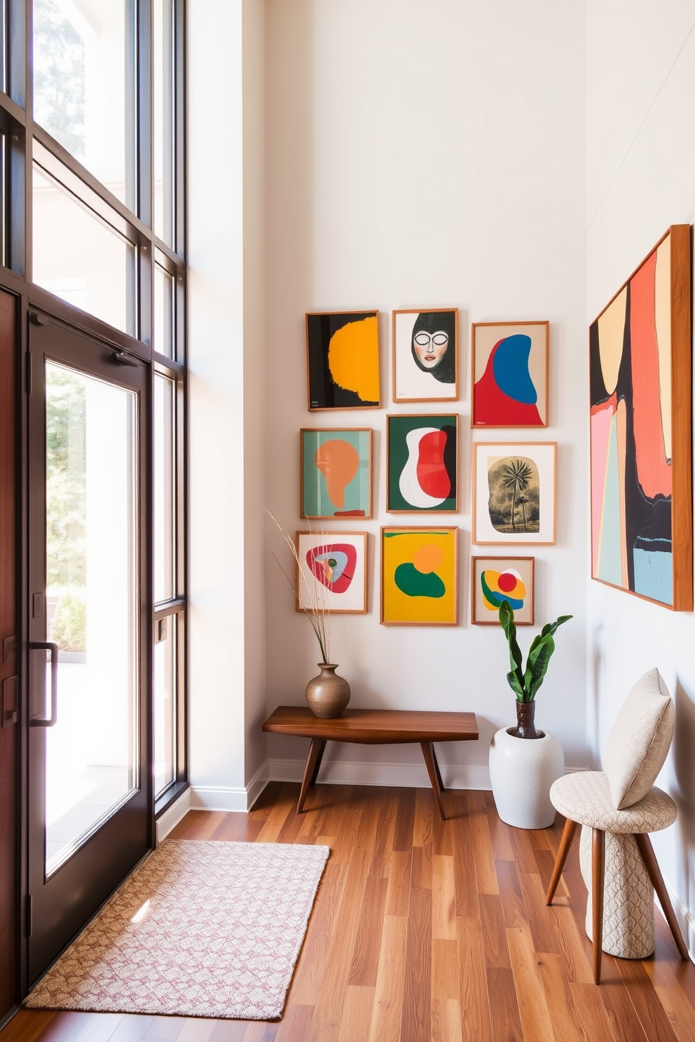A vibrant foyer featuring a gallery wall adorned with colorful abstract artwork. The space is illuminated by natural light streaming through large windows, enhancing the Mid Century Modern aesthetic with clean lines and organic shapes.