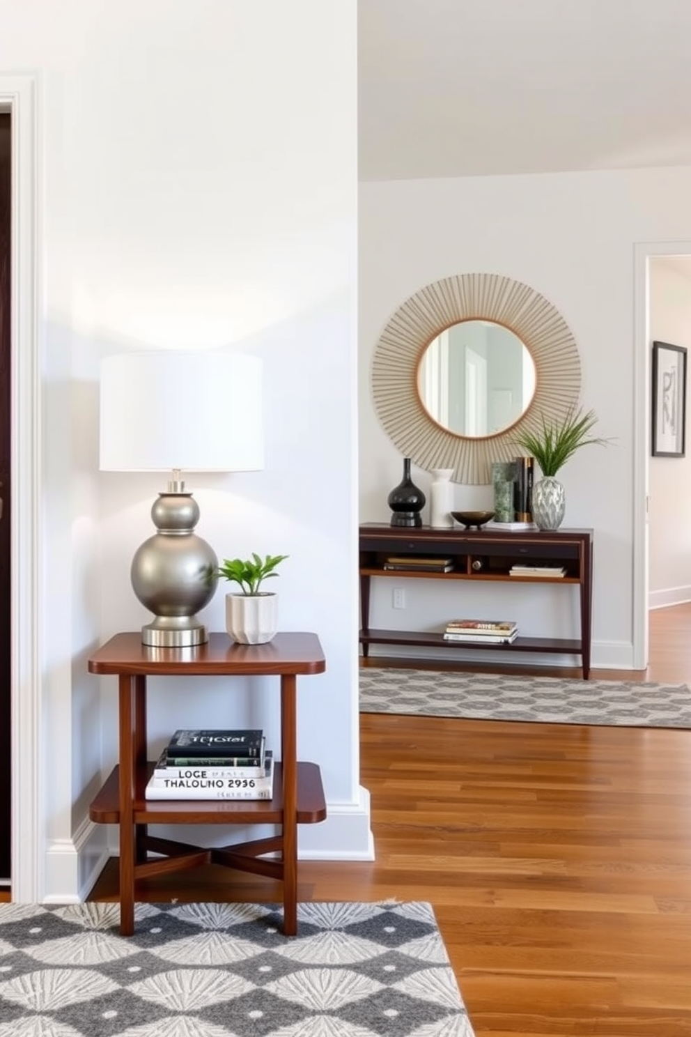 Chic side table with a retro clock placed elegantly on top. The table features clean lines and a rich walnut finish, complemented by a stylish lamp and a small potted plant. Mid Century Modern foyer design ideas showcasing a spacious entryway. The space is adorned with a geometric patterned rug, a statement mirror, and a sleek console table with decorative accessories.