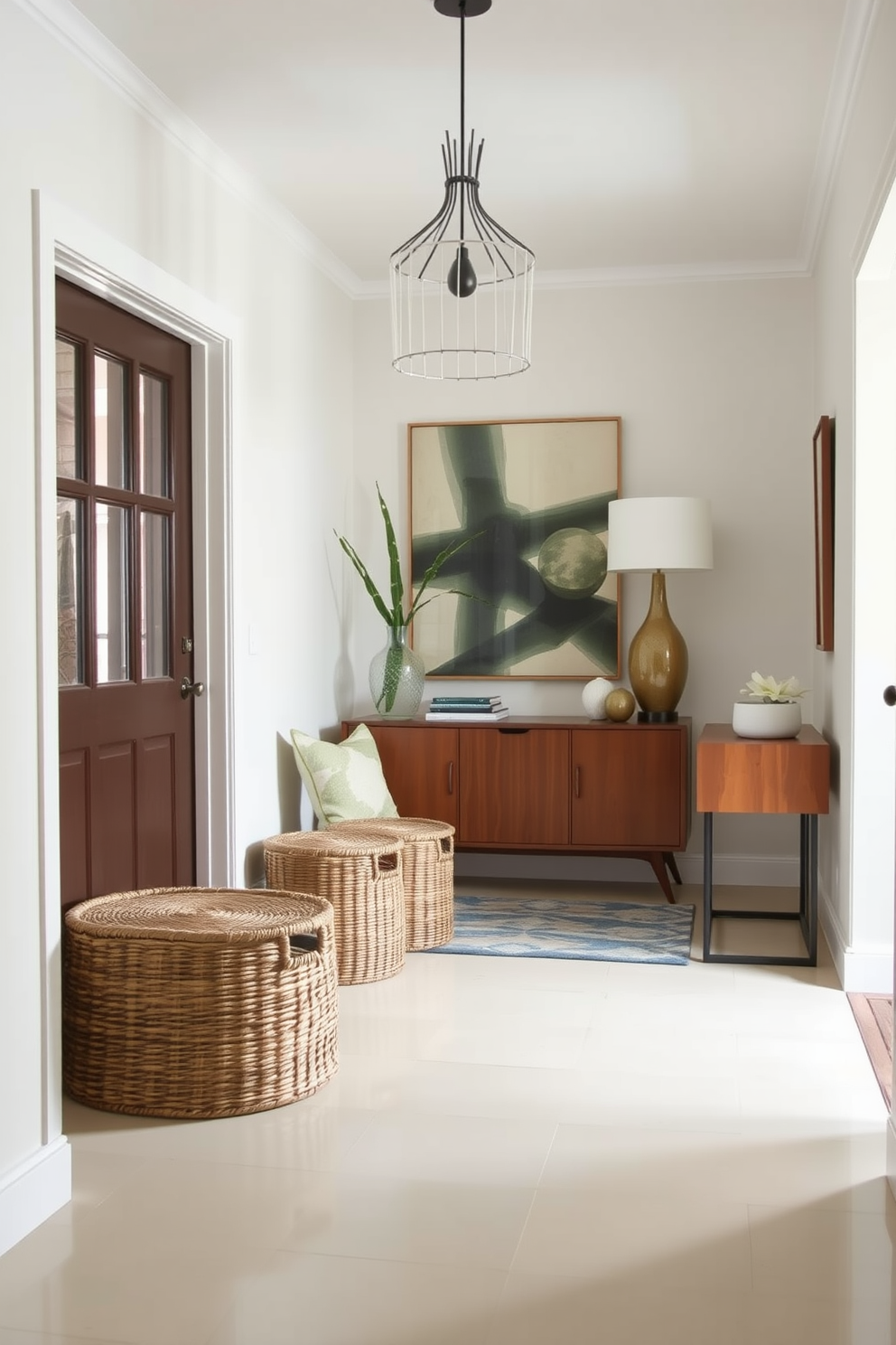 A stylish foyer featuring woven baskets for functional storage. The space is adorned with Mid Century Modern furniture, including a sleek console table and a statement light fixture.