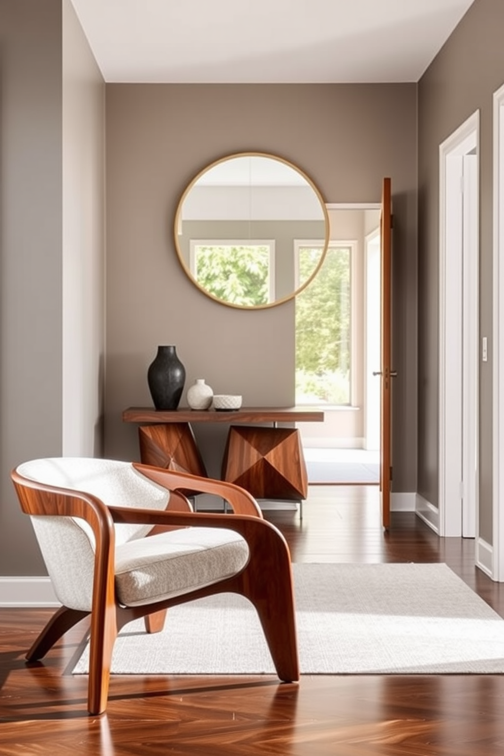 Sculptural side chair for seating area featuring a sleek silhouette with organic curves and a rich walnut finish. The chair is upholstered in a soft, textured fabric that complements a minimalist decor theme. Mid Century Modern foyer design ideas showcasing a bright and airy entrance illuminated by natural light. The space includes a geometric console table adorned with decorative objects and a large round mirror above it, enhancing the sense of openness.