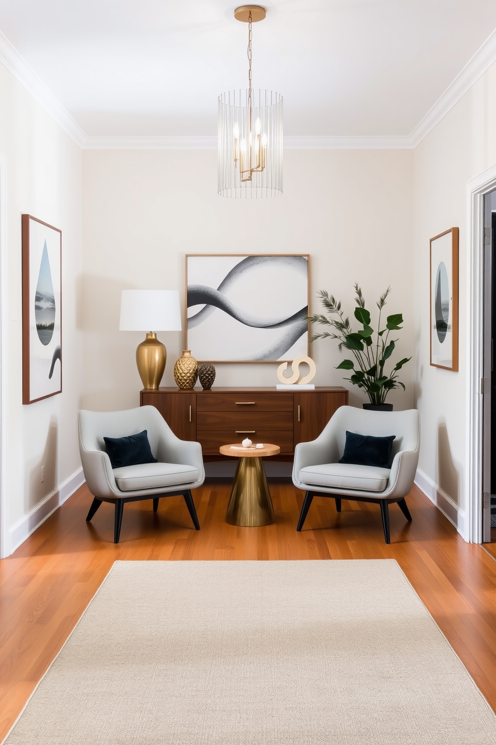 A welcoming entryway features a geometric patterned area rug that adds a touch of modern flair. The walls are adorned with sleek, minimalist artwork, and a stylish console table stands against one side, topped with decorative items. The foyer showcases Mid Century Modern design elements, including a statement light fixture that hangs gracefully from the ceiling. A pair of sculptural chairs flank the console table, inviting guests to sit and admire the aesthetic.