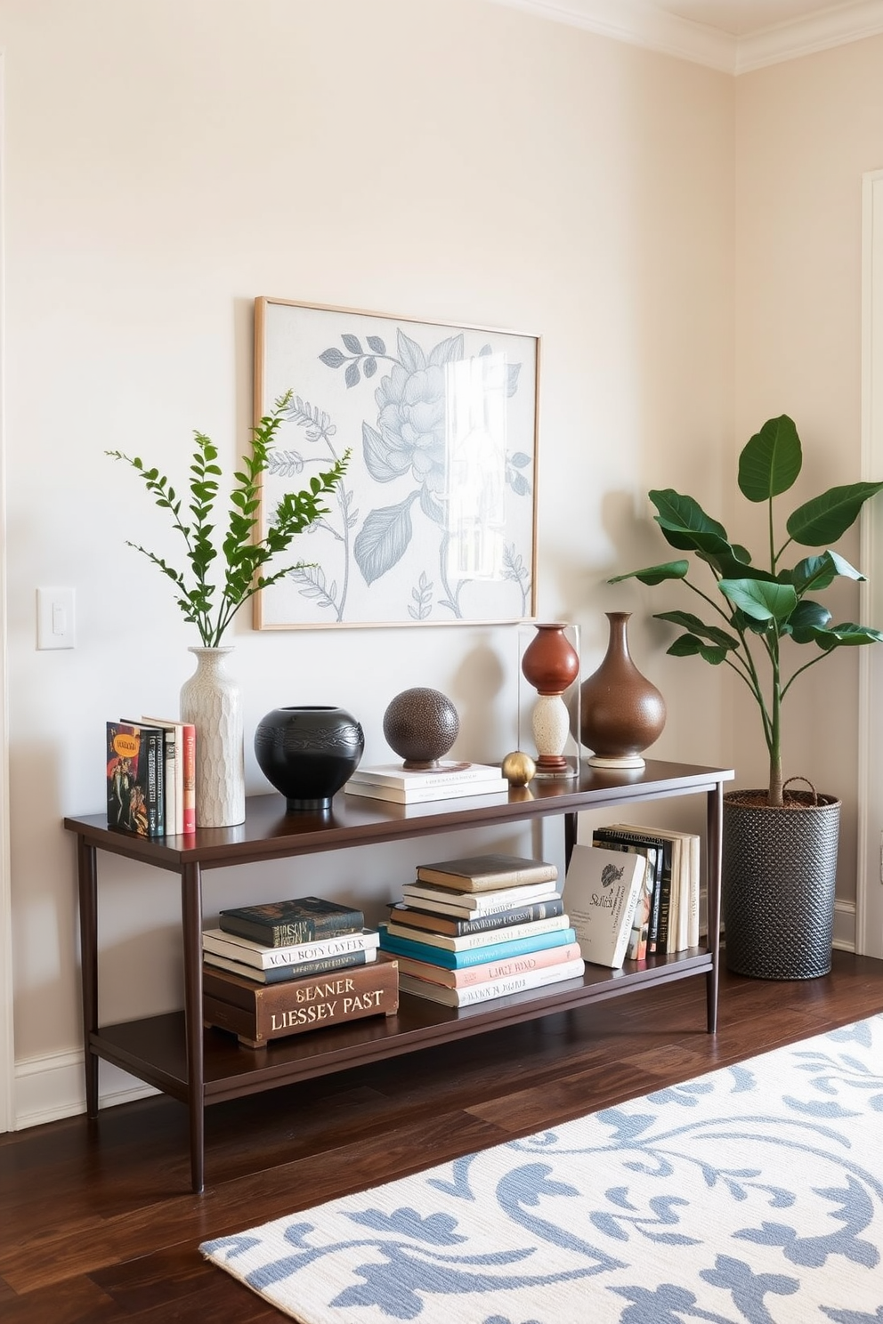 A stylish foyer showcases a sleek accent table adorned with a collection of vintage books and carefully curated decor pieces. The walls are painted in a soft neutral tone, creating a warm and inviting atmosphere that complements the Mid Century Modern aesthetic.