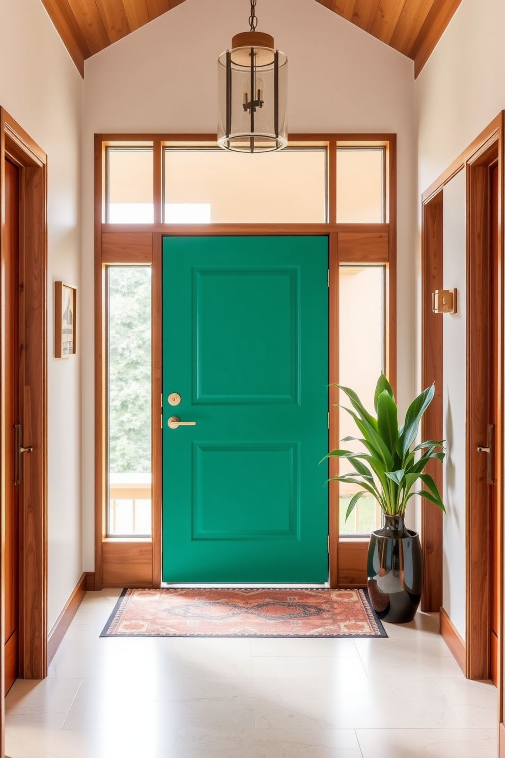 A Mid Century Modern foyer featuring a brightly colored door that serves as a striking focal point. The space is adorned with clean lines, geometric shapes, and a mix of warm wood tones and vibrant accents.