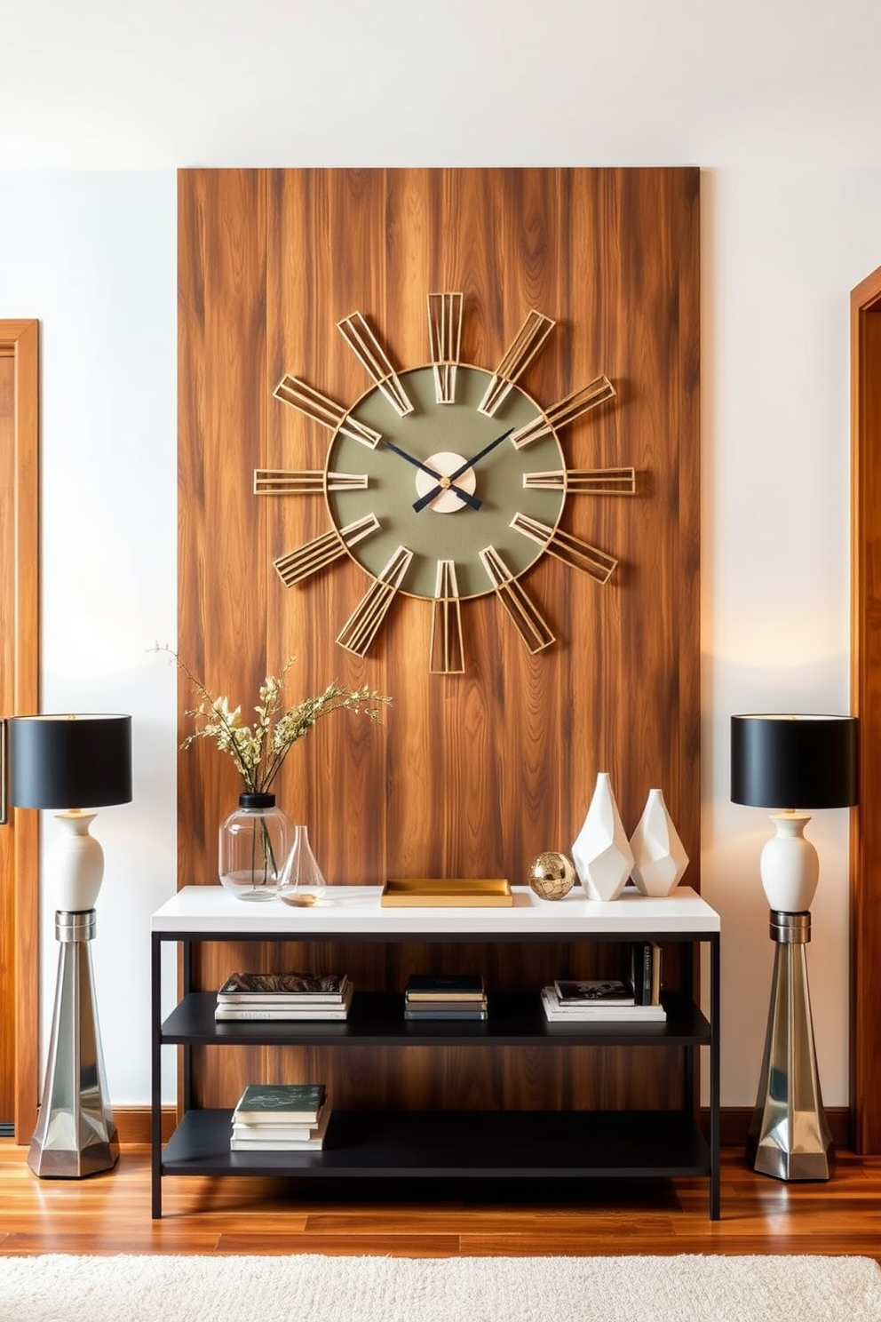 Artistic wall clock as focal point in a Mid Century Modern foyer. The space features warm wood tones, a sleek console table, and geometric decor elements that enhance the overall aesthetic.