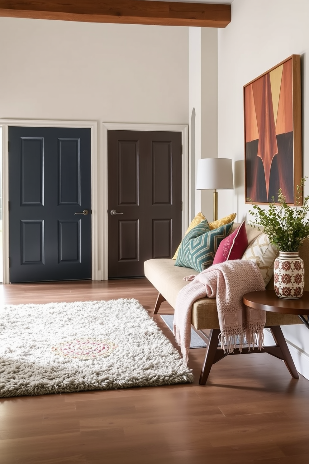 Layered textures create a warm and inviting atmosphere in a Mid Century Modern foyer. A plush area rug anchors the space while an assortment of colorful cushions and soft throws adorn a stylish bench, inviting guests to sit and relax.