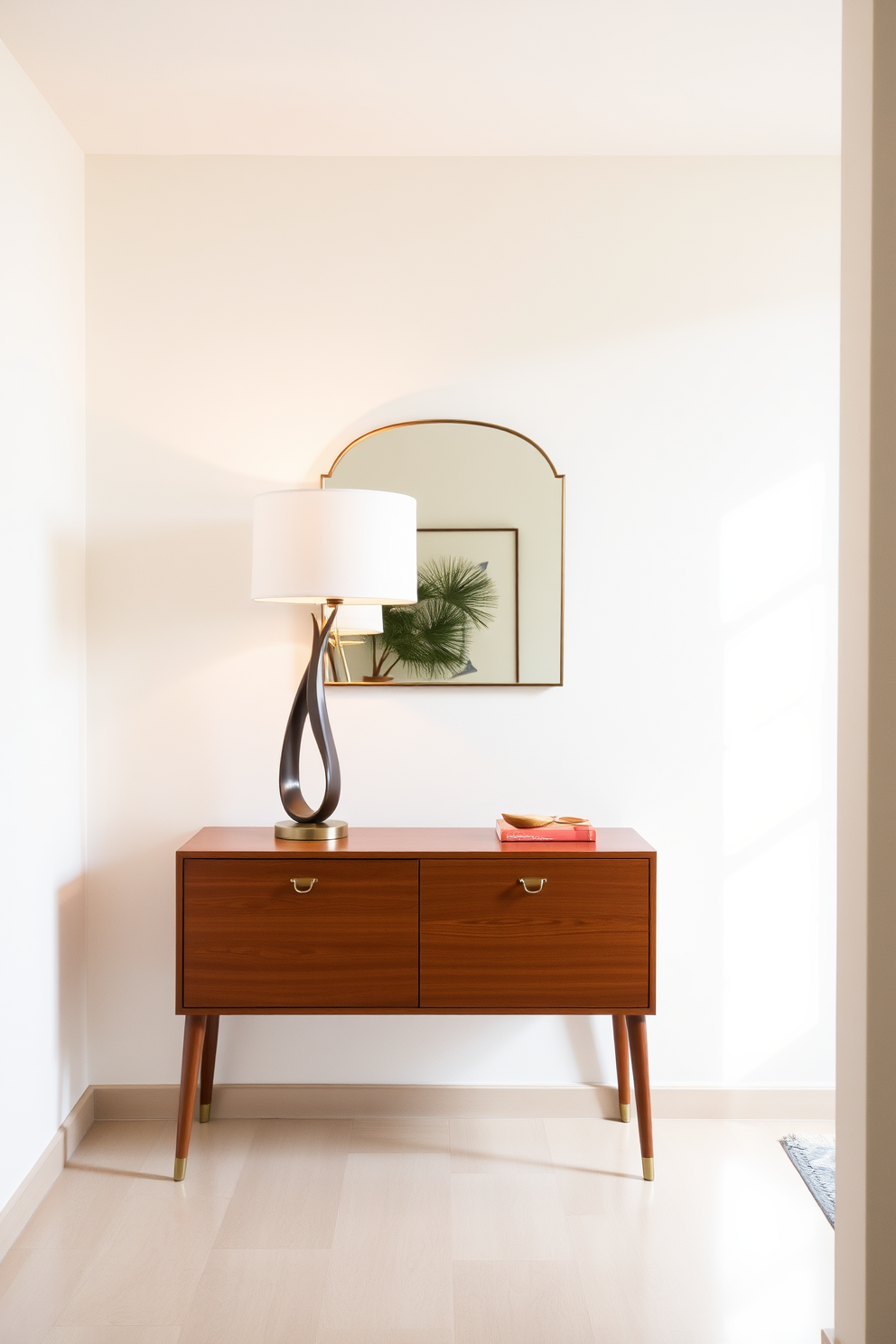 A minimalist console table is positioned against the wall, showcasing clean lines and a sleek design. Above it, a sculptural lamp adds a touch of artistic flair, casting a warm glow throughout the foyer. The walls are painted in a soft, neutral tone, enhancing the airy feel of the space. A strategically placed mirror reflects light and creates an illusion of depth, completing the Mid Century Modern aesthetic.