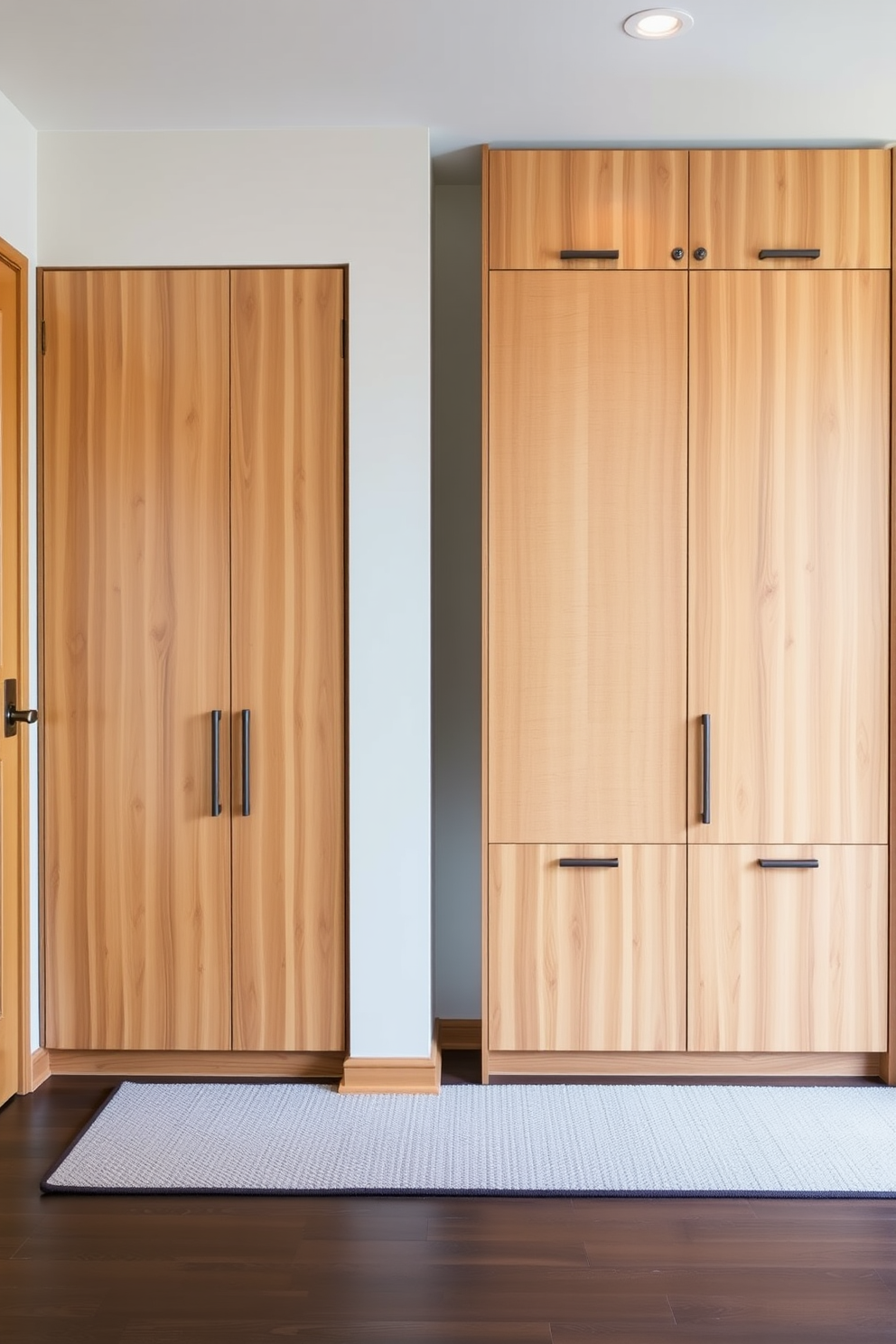 A welcoming foyer featuring natural wood storage cabinets that provide ample organization. The design incorporates clean lines and a warm color palette, enhancing the Mid Century Modern aesthetic.
