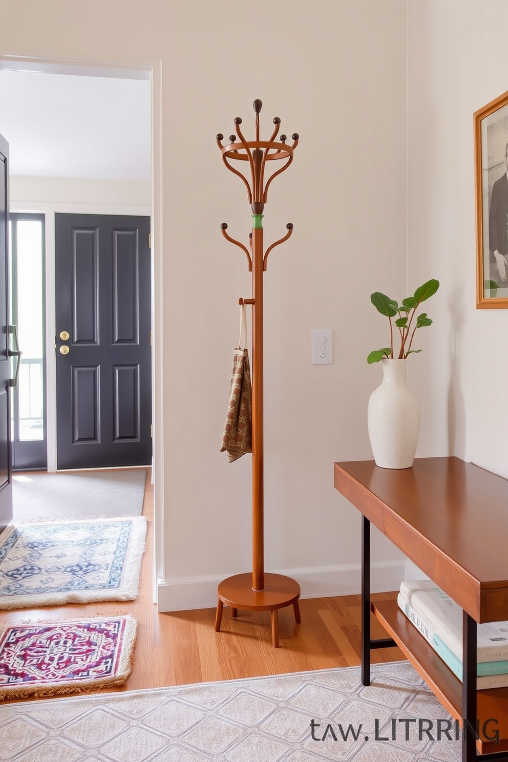 A vintage coat rack with a unique design stands prominently in the foyer. Its intricate details and warm wood tones create a welcoming atmosphere that complements the overall decor. The Mid Century Modern foyer features clean lines and a minimalist aesthetic. A plush area rug in geometric patterns anchors the space, while a sleek console table adds functionality and style.