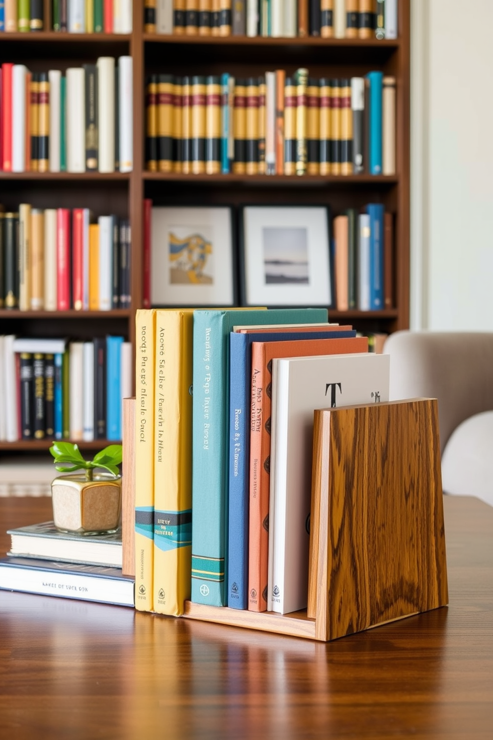 A stylish bookend set designed to organize books in a Mid Century Modern home library. The bookends feature sleek lines and warm wood tones, complementing the rich textures of the library's furnishings.