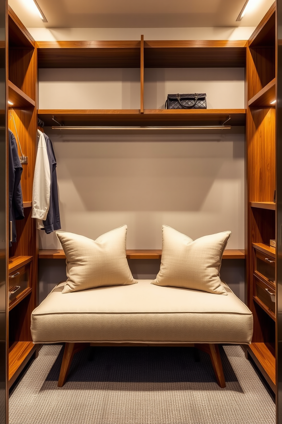 Cushioned seating is elegantly placed in the center of the walk-in closet, offering comfort while dressing. The seating features a soft fabric in a neutral tone that complements the surrounding decor. The closet is designed with a Mid-Century-Modern aesthetic, showcasing sleek wooden shelving and hanging rods. Warm lighting illuminates the space, highlighting the rich textures of the materials used throughout the design.