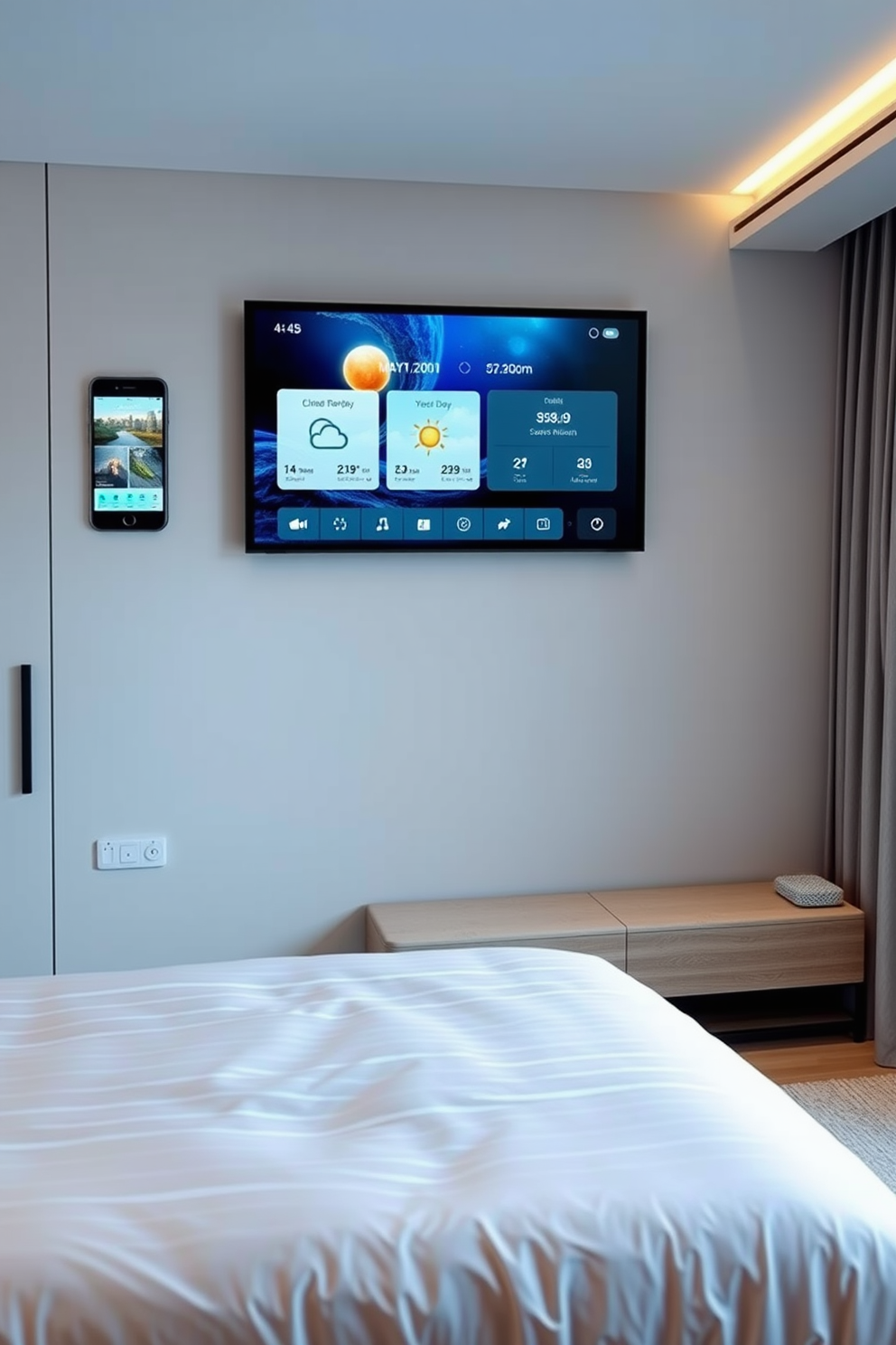 A modern bedroom design featuring smart technology integration for convenience. The room includes a sleek platform bed with built-in charging ports and adjustable lighting controlled by a smartphone app. A wall-mounted smart display shows the weather and calendar while controlling the room's climate. The decor is minimalist, with soft neutral tones and a cozy seating area that includes a smart speaker for music and voice commands.