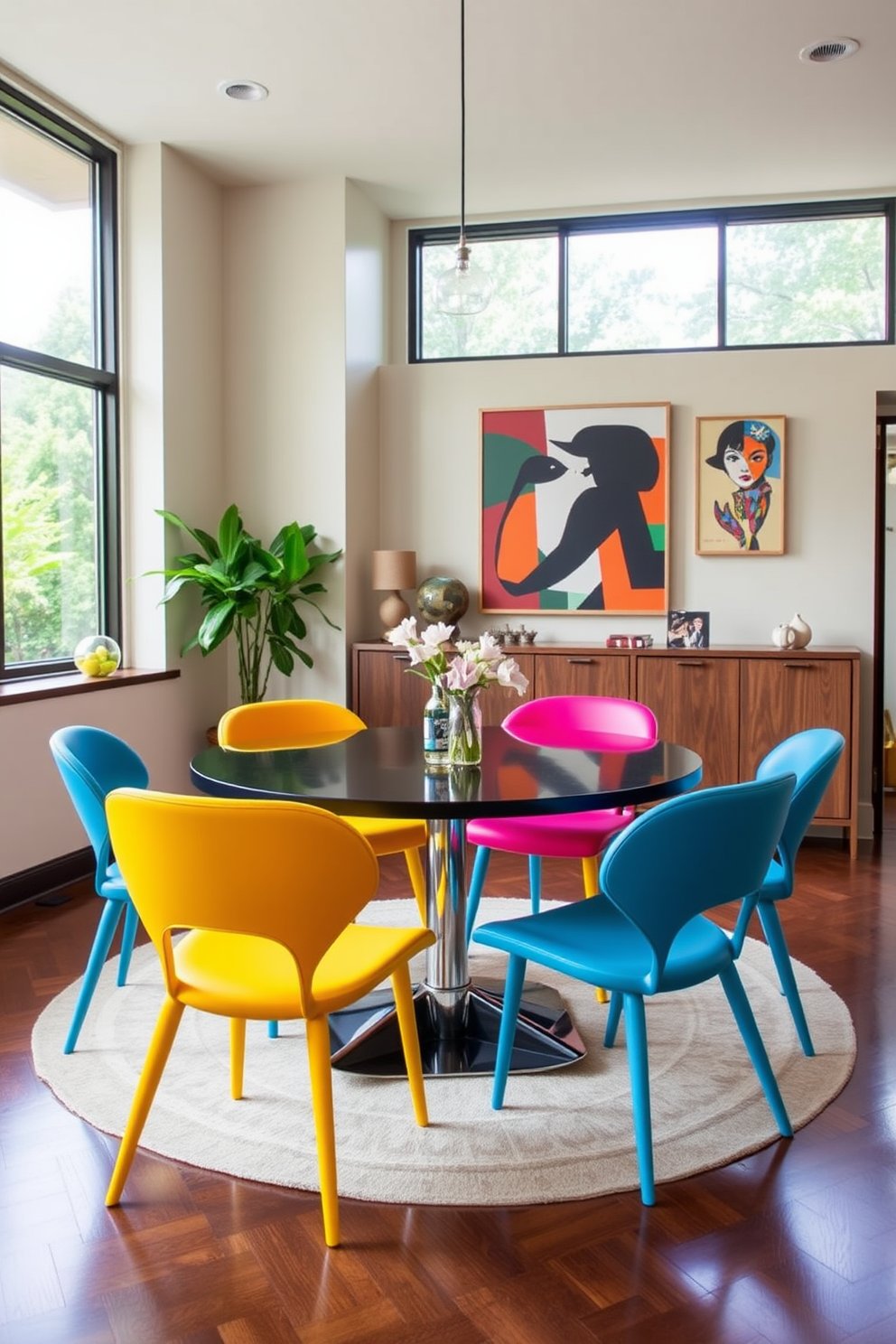 A stylish round table is centered in the dining room, surrounded by bold, colorful chairs that add a pop of personality. The walls are adorned with contemporary art, and large windows allow natural light to flood the space, enhancing the vibrant atmosphere.