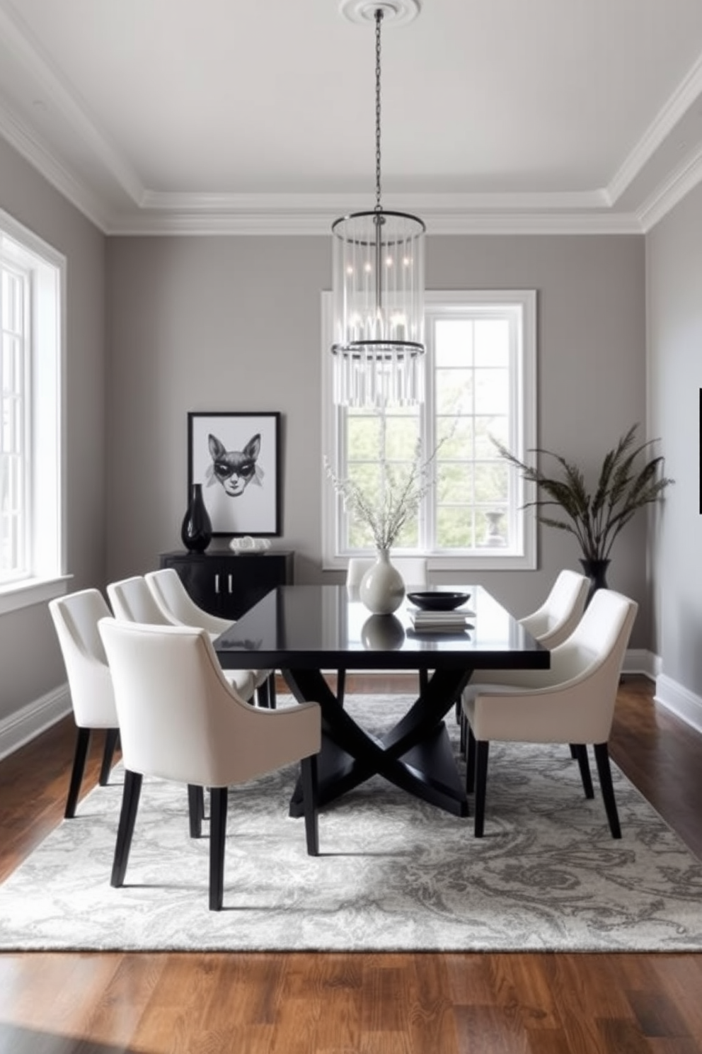 A modern dining room featuring a monochromatic color scheme that exudes elegance. The walls are painted in a soft gray tone, complemented by a sleek black dining table surrounded by white upholstered chairs. A statement chandelier hangs above the table, casting a warm glow over the space. Large windows allow natural light to flood in, highlighting the minimalist decor and a stylish area rug that ties the room together.